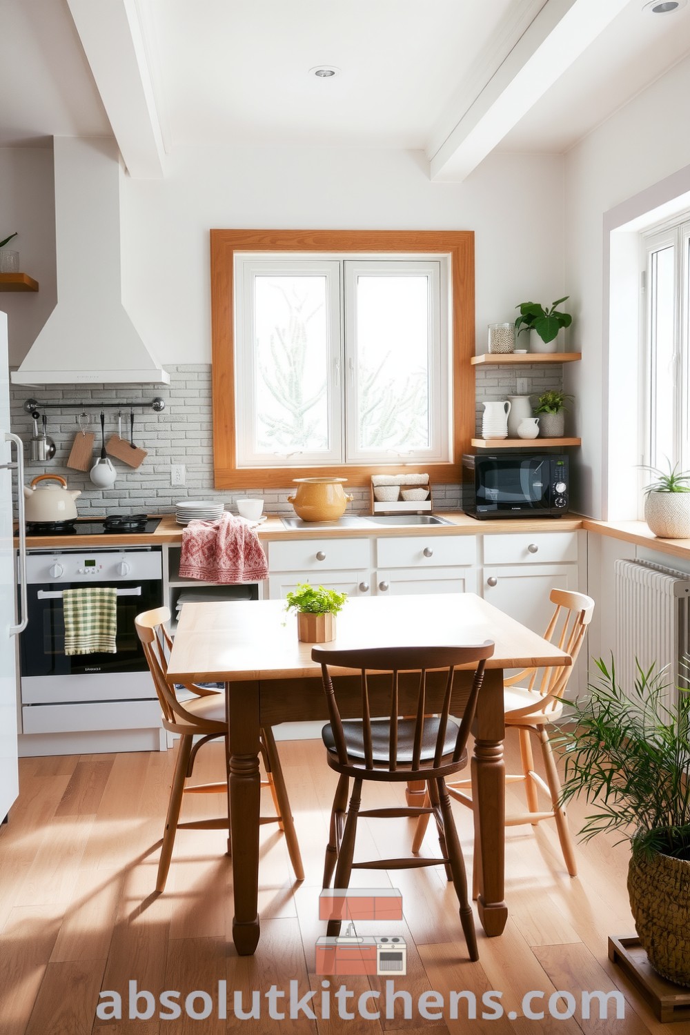 Bright Scandinavian kitchen with white walls, natural wood accents, and a rustic table surrounded by mismatched chairs, featuring sunlight streaming through large windows and potted herbs, offering cozy ideas for home decor inspirations at fireplacesandwoodstoves.com.