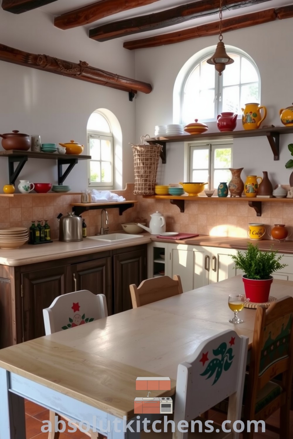 Cozy Mediterranean kitchen featuring white walls, rustic terracotta tiles, open wooden shelves with colorful ceramics, and a lightly distressed dining table surrounded by mismatched chairs, reflecting warm and inviting decor ideas for house or apartment at absolutkitchens.com.