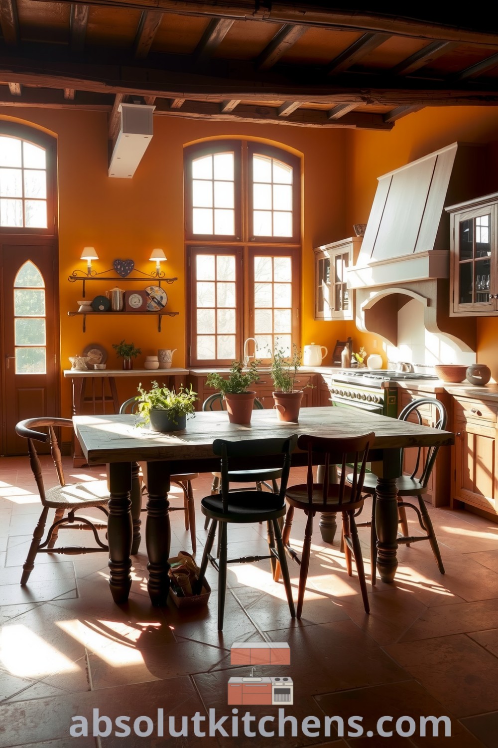 Cozy French kitchen featuring warm ochre walls, rich wooden cabinetry, and sunlight filtering through tall mullioned windows, showcasing a farmhouse table surrounded by mismatched chairs and fresh herbs in clay pots, providing cozy ideas for your home at absolutkitchens.com.