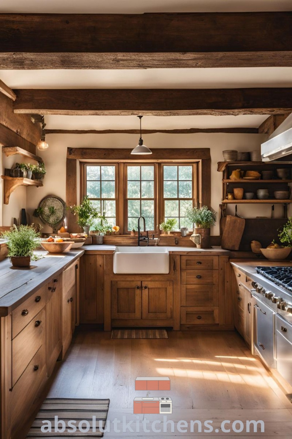 A beautiful kitchen with wooden cabinets, white countertops, and a warm brick farmhouse style, showcasing wood backsplashes, cozy aesthetics, and exposed beams. This image highlights decor ideas for small spaces and offers design tips to enhance your kitchen at absolutkitchens.com.