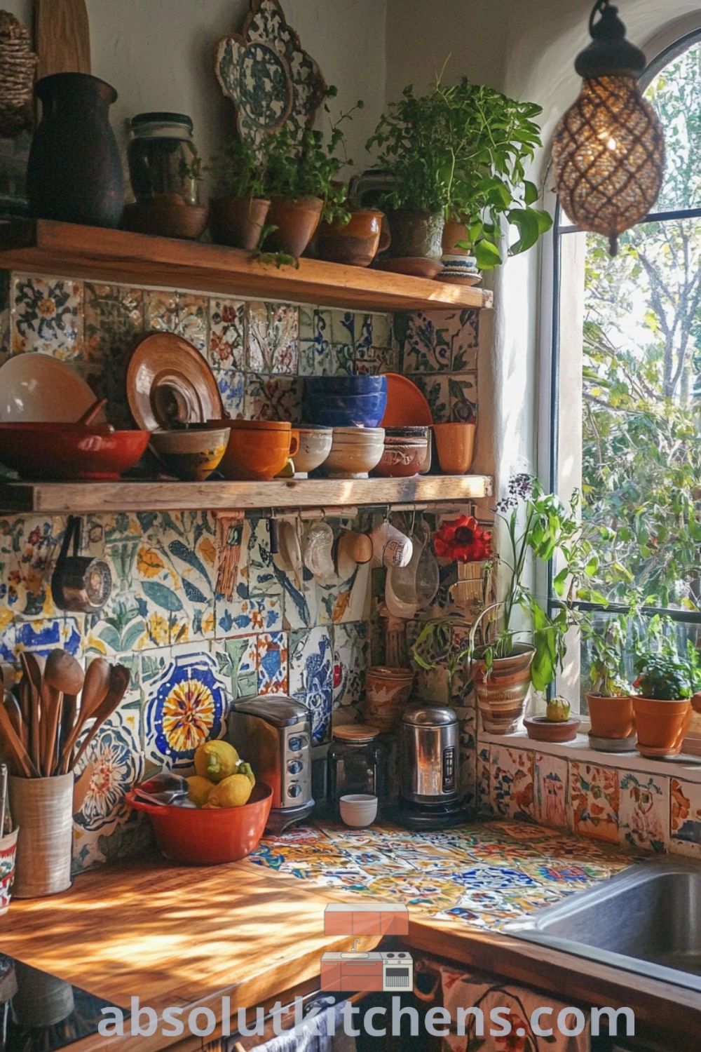 Bohemian kitchen design on absolutkitchens.com with vibrant tile work, rustic pottery, cozy kitchen accents, and inviting decor ideas for small spaces.