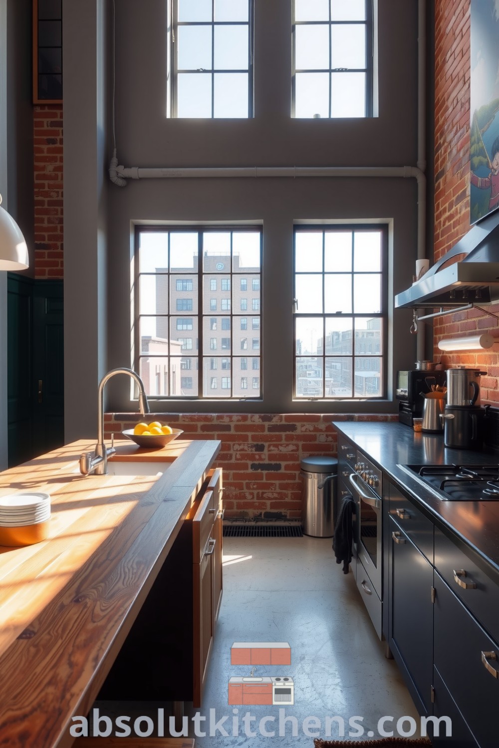 Cozy loft kitchen featuring warm grey walls, rugged brick accents, a reclaimed wood island, and industrial windows, designed to inspire culinary creativity with a welcoming and casual ambiance, featured on fireplacesandwoodstoves.com.