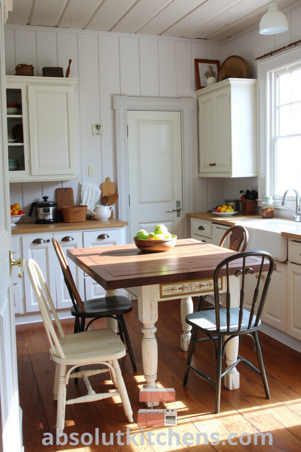 Cozy farmhouse kitchen with weathered wooden cabinets and rustic pine floors, featuring a bowl of fresh produce on a wooden countertop, sunlight streaming through a country-style window, and an antique table surrounded by mismatched chairs. Ideas for your home from absolutkitchens.com.