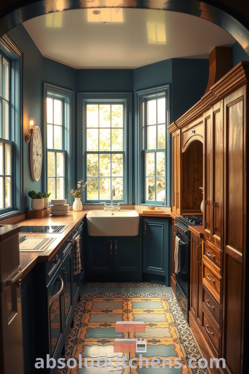 Cozy blue Victorian kitchen featuring intricate patterned tiles, wooden cabinets, and a farmhouse sink, illuminated by warm golden light, showcasing design ideas that inspire a comforting and welcoming home, absolutkitchens.com.