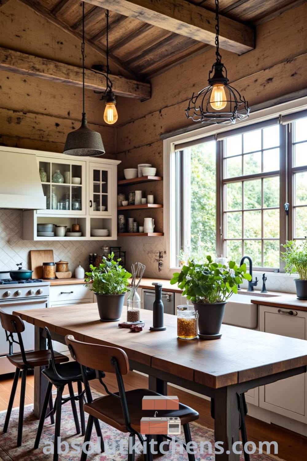 Cozy rustic kitchen showcasing blackened wrought iron fixtures, a hewn dining table with mismatched chairs, potted herbs near a sunlit window, creating an inviting and warm atmosphere, perfect for family gatherings, from fireplacesandwoodstoves.com.