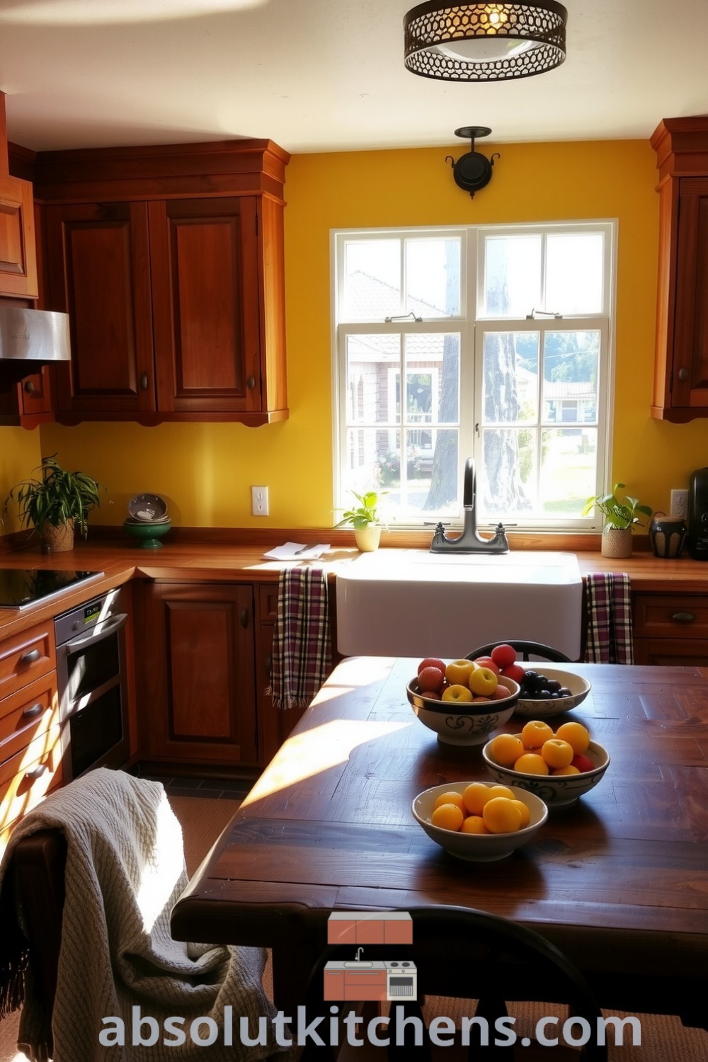 Bright and cozy boho kitchen featuring sunlit yellow walls, mismatched wooden cabinets, a large farmhouse sink, and vibrant ceramic bowls filled with fruits, creating an inviting atmosphere perfect for gathering. Discover decor ideas for a cozy, eclectic home at absolutkitchens.com.