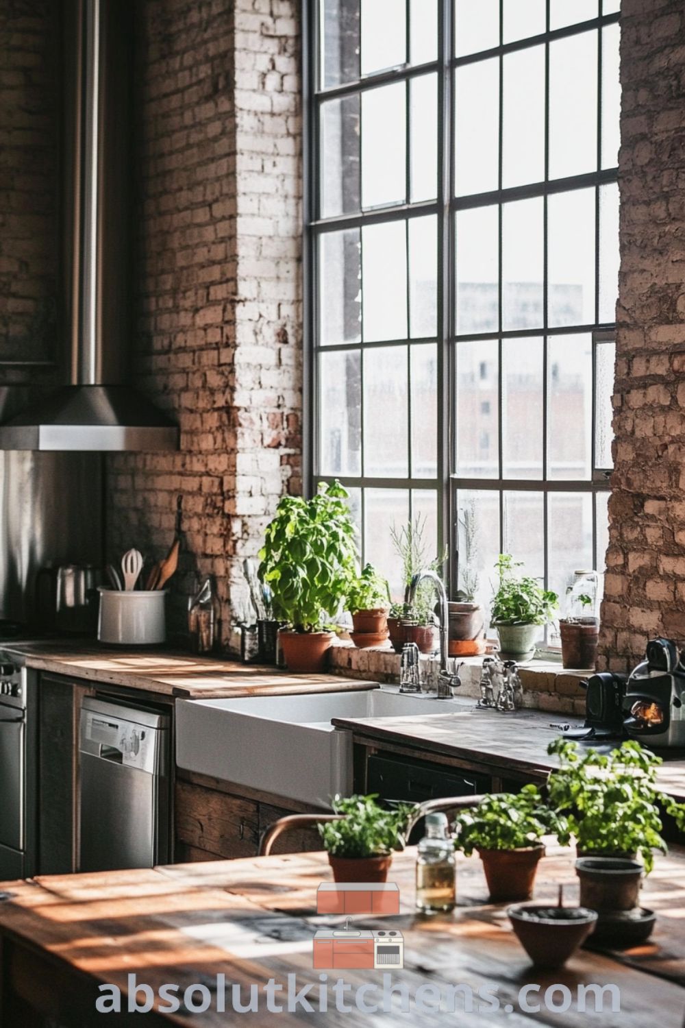 Cozy loft kitchen scene on absolutkitchens.com featuring exposed brick walls, polished wooden counters, and decor ideas for small spaces, creating an inviting atmosphere perfect for design trends or decorating ideas.
