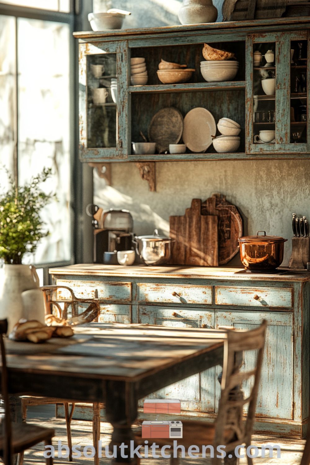 Charming vintage kitchen scene on absolutkitchens.com showcasing a cozy aesthetic, rustic cabinets, and inviting farmhouse table, with design tips for a warm and welcoming space.