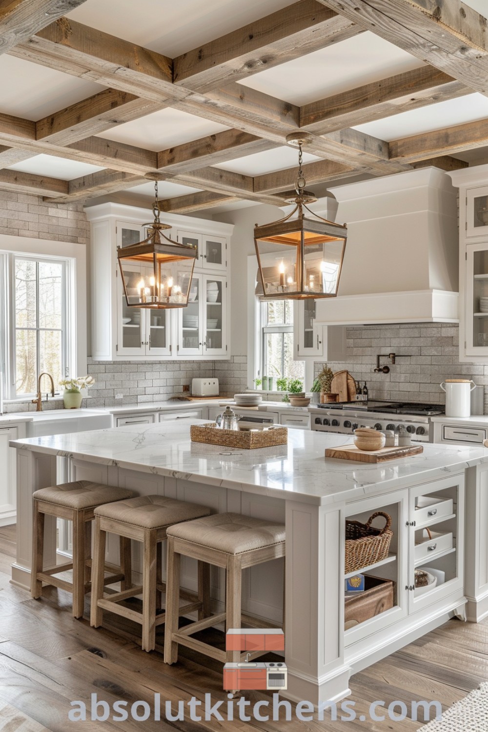A large modern farmhouse kitchen with an island and two stools, surrounded by wooden beams, showcasing rustic modern decor ideas that inspire cozy aesthetics for house or apartment. Explore design tips and trends for a functional contemporary farmhouse kitchen at absolutkitchens.com.