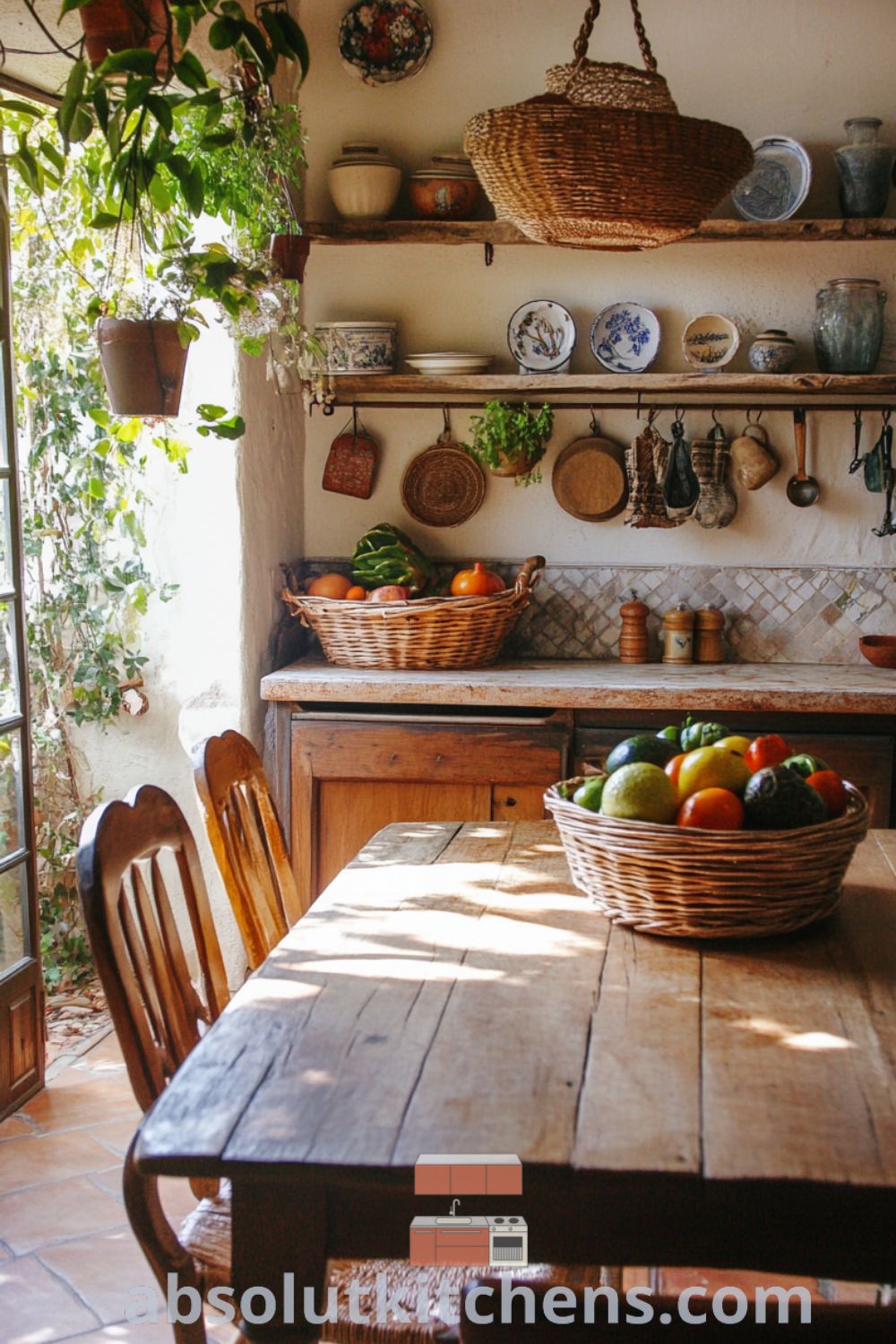 Bohemian Kitchen scene on absolutkitchens.com showcasing cozy kitchen decor, inviting interior design, and rustic kitchen accents.