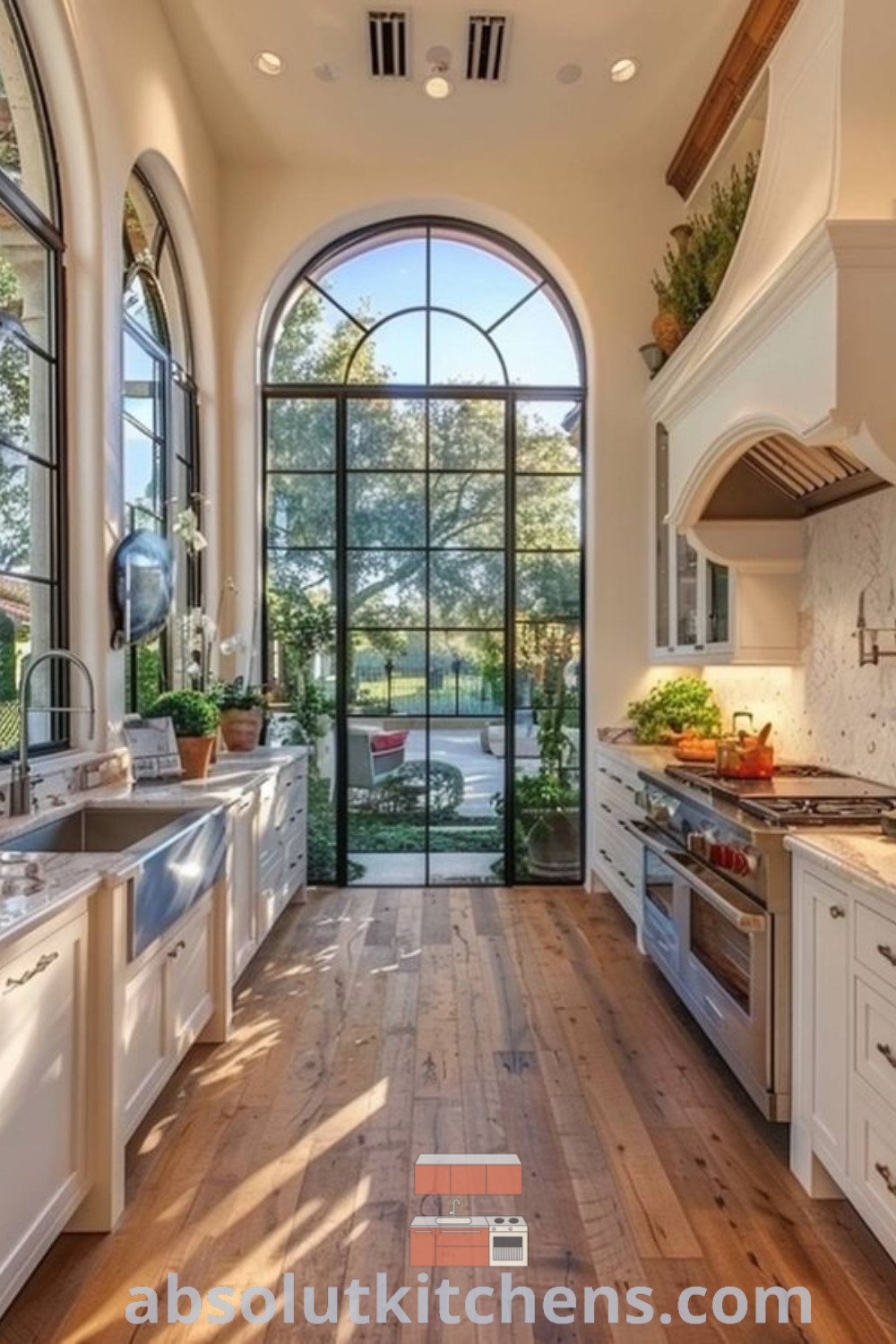 A spacious kitchen with an arched window and wooden floors, offering a bright and cozy aesthetic. This design is perfect for those seeking future house ideas and inspiring decor ideas for small spaces. Explore more at absolutkitchens.com.