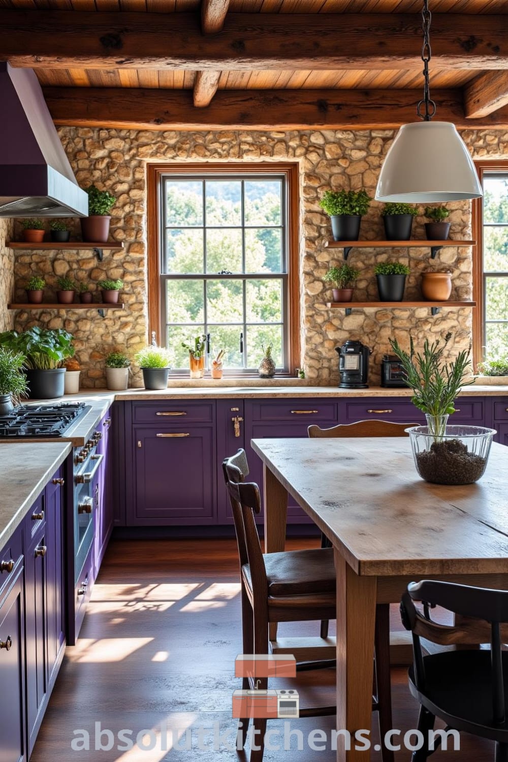 Rustic kitchen with deep purple accents, wooden beams, and aged stone walls, featuring a central farm table and mismatched chairs, illuminated by sunlight. Cozy ideas for your home with fresh herbs adding vibrance. Visit fireplacesandwoodstoves.com for unique decor inspirations and design ideas.