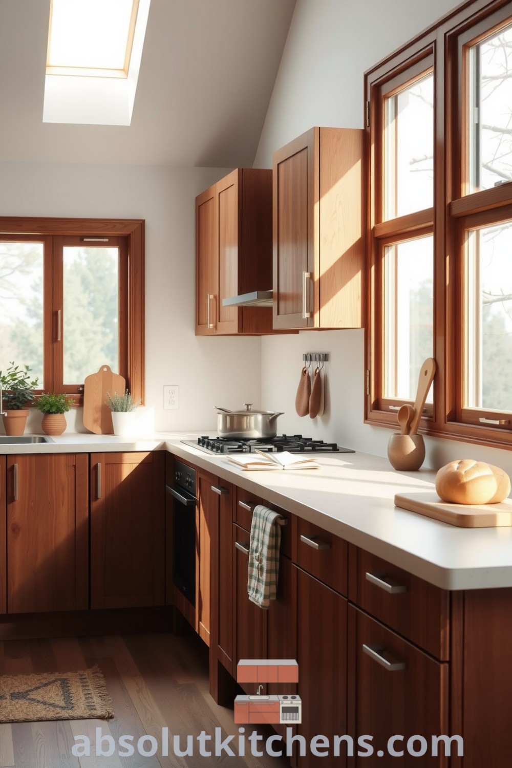 Scandinavian kitchen featuring soft brown wooden cabinetry, an expansive stone countertop, and large windows that create a warm atmosphere, complemented by minimalist decor and potted herbs, providing cozy ideas for your home at fireplacesandwoodstoves.com.