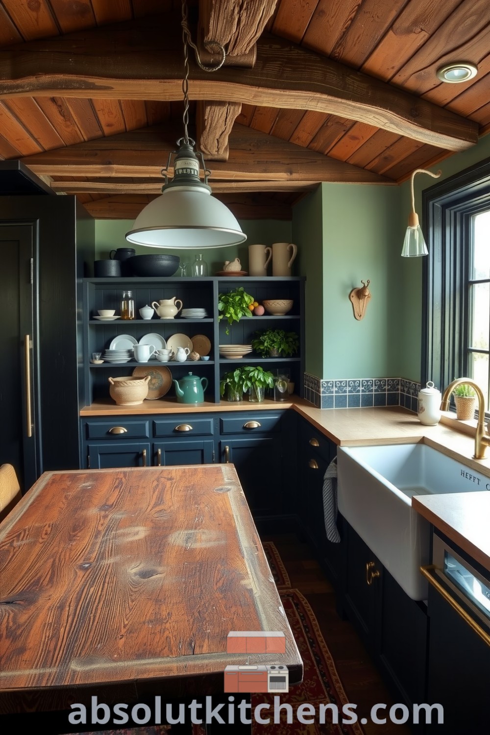 Cozy rustic kitchen showcasing warm wood beams, black accents, a hand-crafted table, pendant lights, a farmhouse sink, and mismatched dishware, creating an inviting atmosphere perfect for family gatherings. Visit absolutkitchens.com for inspiring decor ideas and designs for your home.