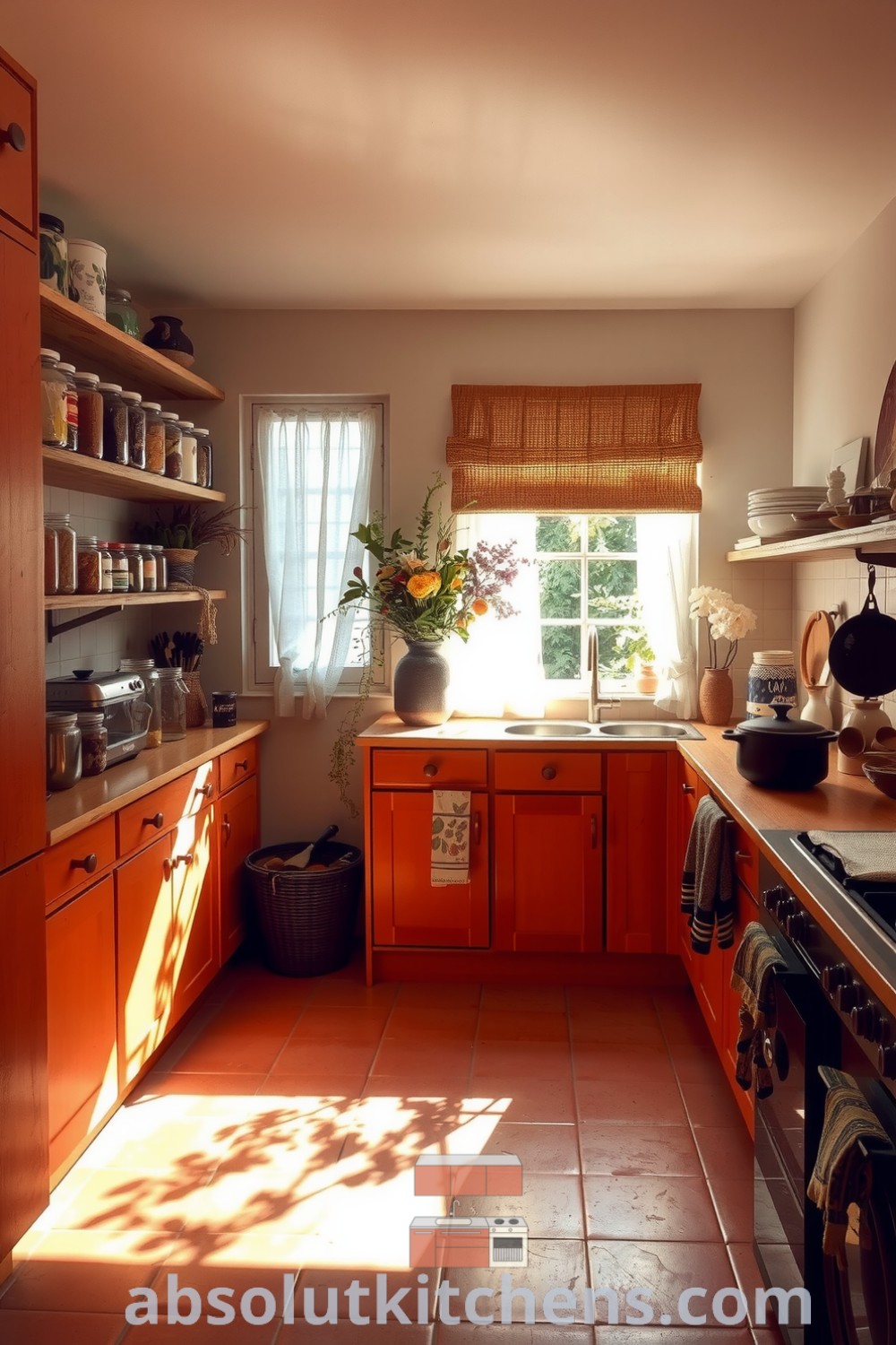 Bohemian kitchen with warm sunlight filtering through sheer curtains, showcasing terracotta tiles, distressed wooden cabinets, and a live-edge countertop. Featuring open shelves filled with colorful spice jars and dried flowers for cozy decor inspirations. Visit absolutkitchens.com for design ideas for your home.