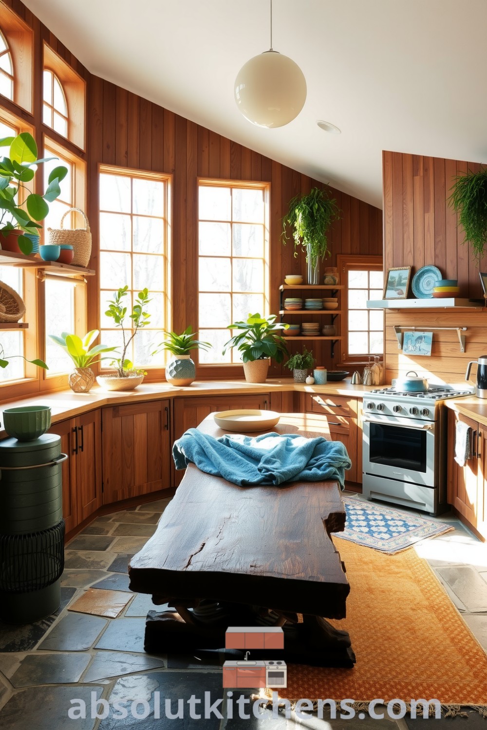 Warm and inviting nature-inspired kitchen featuring stone-tiled flooring, reclaimed wooden cabinetry, driftwood shelves with ceramic bowls, and vibrant houseplants, perfect for cozy decor inspirations at absolutkitchens.com.