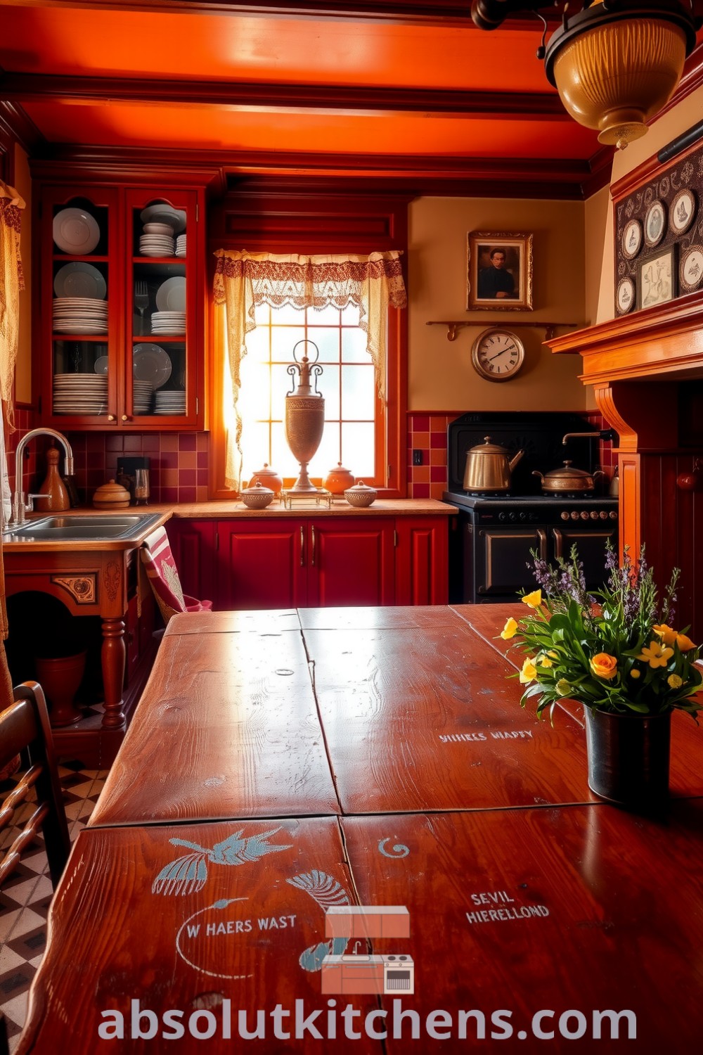 Cozy Victorian kitchen featuring warm orange hues, lace-trimmed curtains, wooden cabinets with mismatched china, a farmhouse table adorned with blooming herbs, and the comforting scent of baking bread, perfect for inspiring decor ideas for your home. absolutkitchens.com
