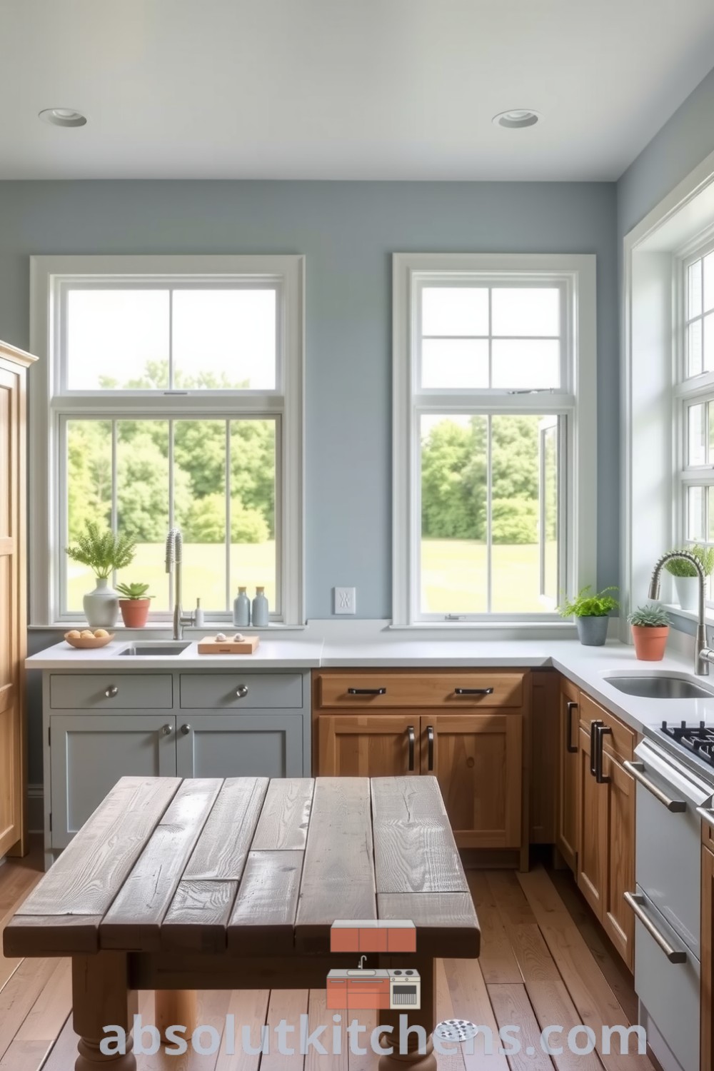 Modern farmhouse kitchen in soft blue tones featuring weathered wood elements, sleek metal fixtures, expansive windows allowing natural light, and potted herbs on the windowsill, creating a warm and inviting atmosphere for a cozy home. Visit absolutkitchens.com for inspiring decor ideas.