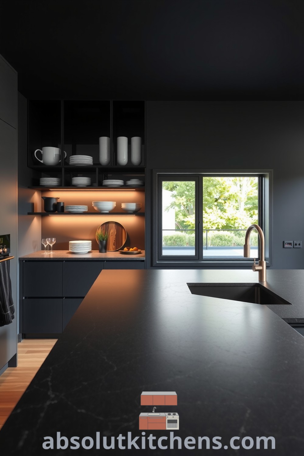 Minimalist black kitchen design featuring sleek cabinetry, elegant dishware, a textured black stone island, and warm morning light from a large window with greenery, offering cozy ideas and decor inspirations for unique designs at fireplacesandwoodstoves.com.