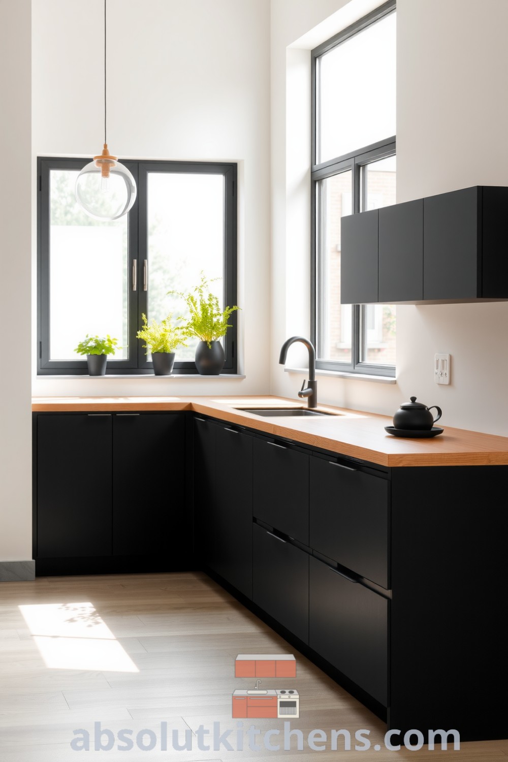 Modern minimalist kitchen featuring matte cabinetry and warm oak countertop, illuminated by natural light and adorned with potted herbs, showcasing cozy design ideas and decor inspirations for a unique home atmosphere at fireplacesandwoodstoves.com.