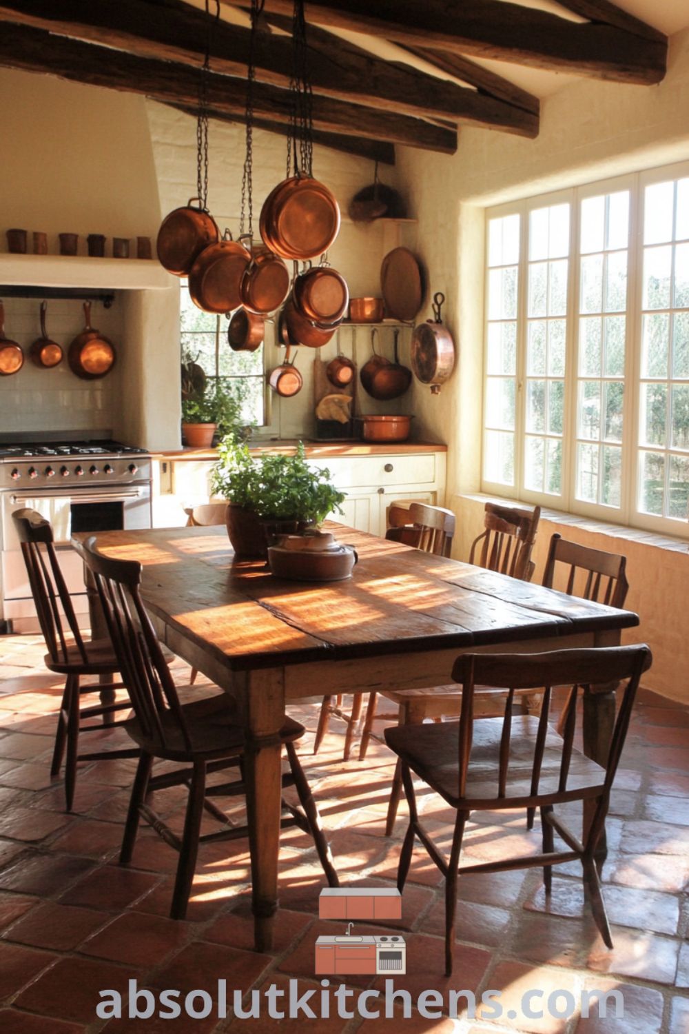 Cozy French kitchen featuring terracotta tiles, whitewashed cabinetry, a farmhouse table, and hanging herbs, creating a warm and inviting atmosphere filled with rustic charm. Visit absolutkitchens.com for inspiring decor ideas.