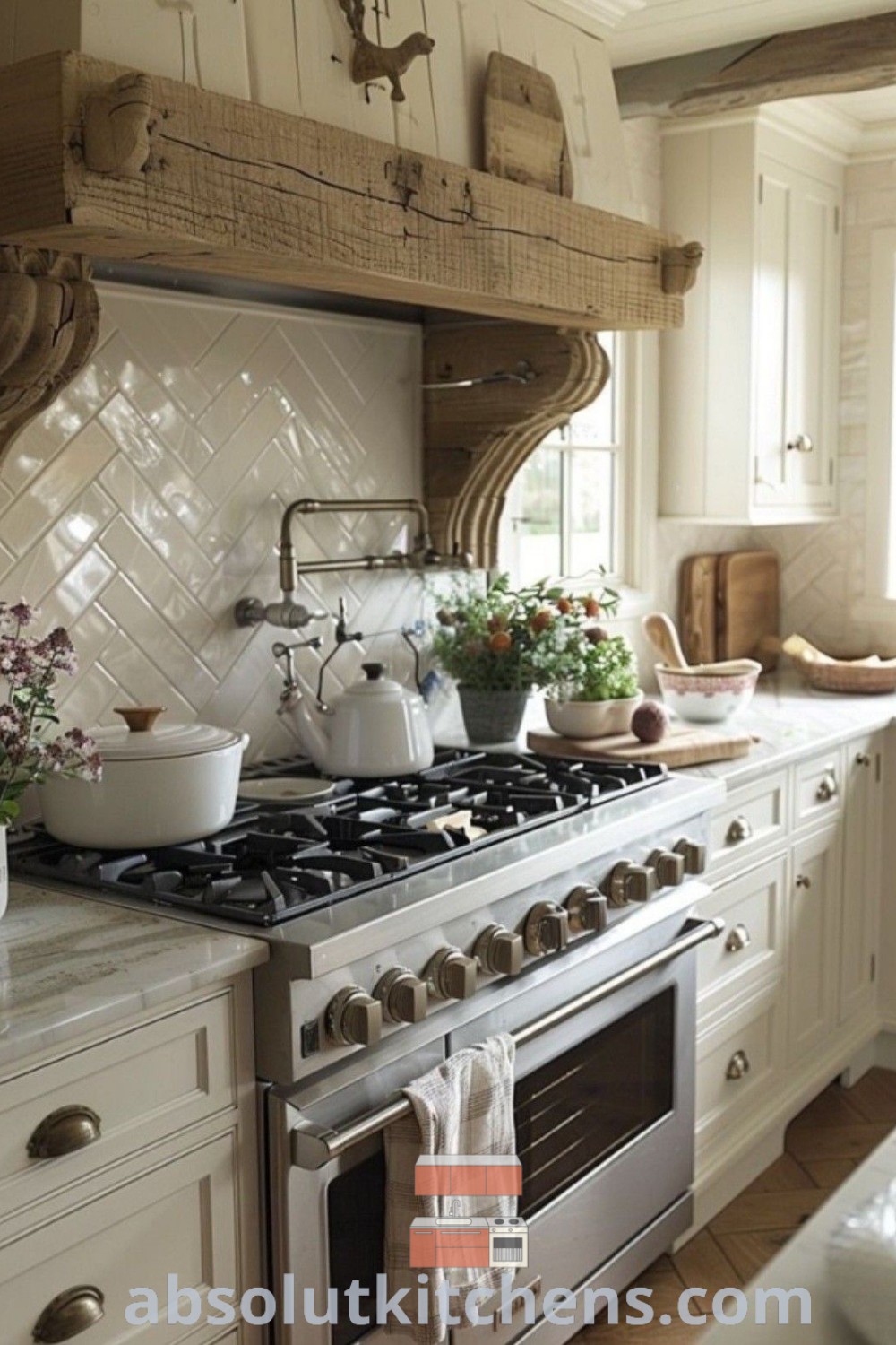 A cozy kitchen showcasing an antique stove top oven next to a counter filled with pots and pans. This beautiful setting highlights French Country kitchens and farmhouse kitchen design, providing inspiring ideas for decorating your home at absolutkitchens.com.
