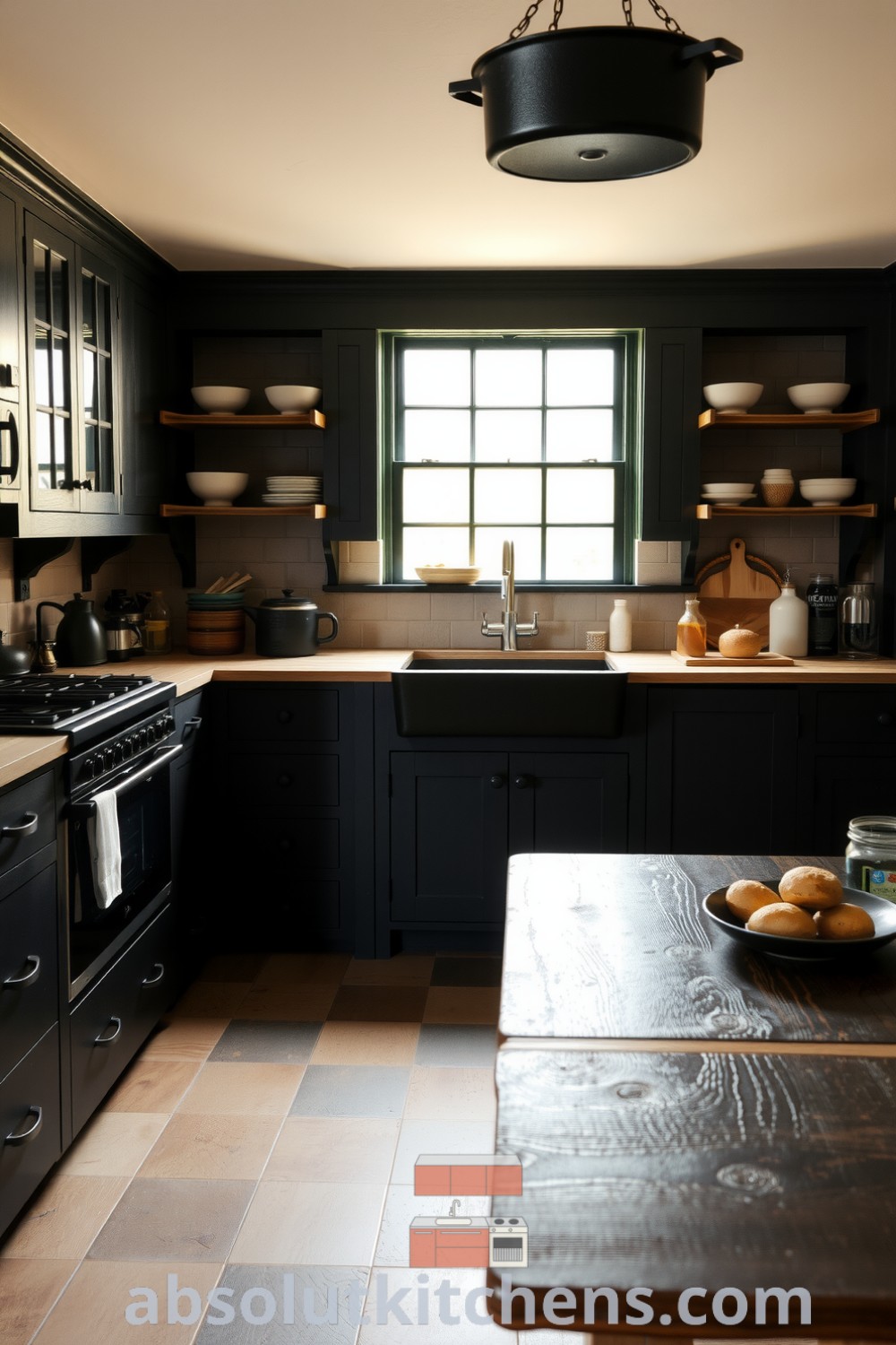 Cozy rustic kitchen design featuring dark-stained wooden cabinets, light stone backsplash, farmhouse sink under a wide window, handmade pottery on open shelves, and a sturdy dining table, creating an inviting and lived-in atmosphere. Visit absolutkitchens.com for more inspiring decor ideas.