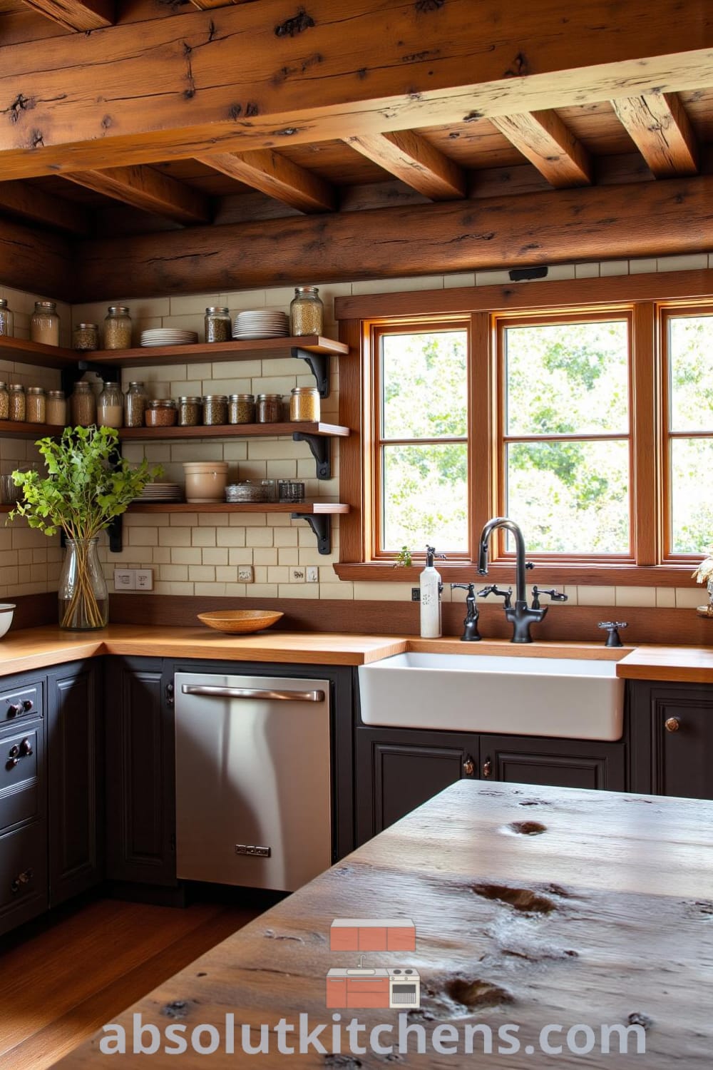 Rustic kitchen design featuring warm brown tones, reclaimed wooden beams, butcher block countertops, and a farmhouse sink, creating a cozy home atmosphere filled with jars of herbs and ceramic dishes, inspired by ideas for your home from fireplacesandwoodstoves.com.