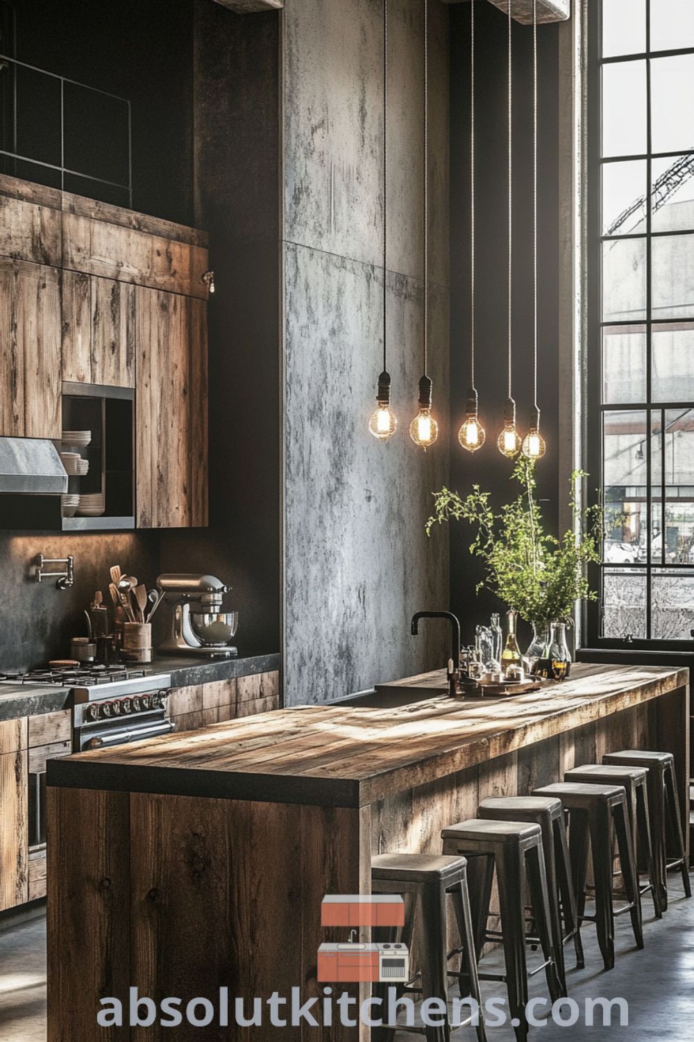 Urban loft kitchen featuring reclaimed wood, loft interior elements, and cozy aesthetic on absolutkitchens.com that highlights trendy loft kitchen design.