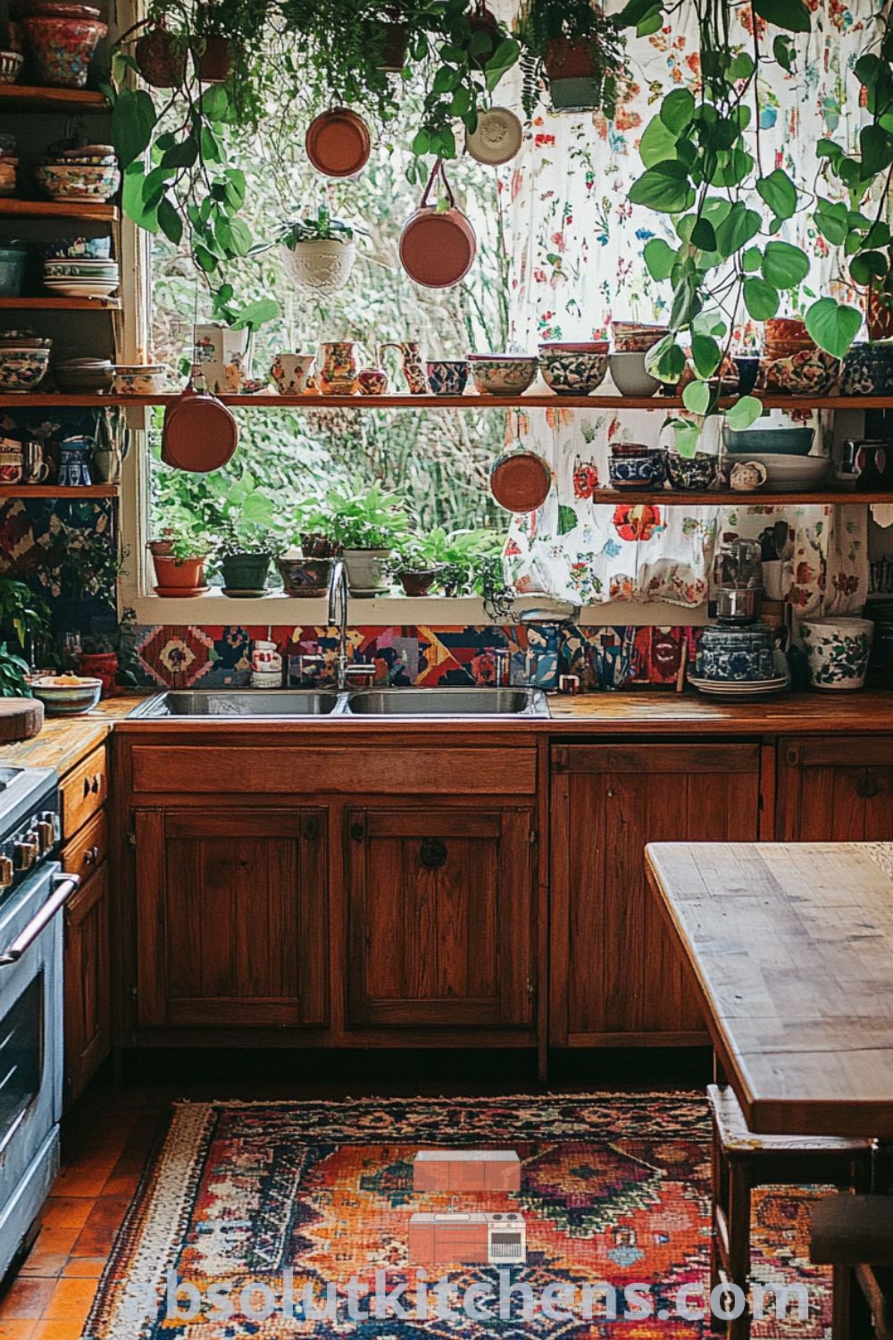 Bohemian Kitchen scene on absolutkitchens.com showcasing vibrant ceramics, cozy kitchen atmosphere, and inspiring kitchen ideas.