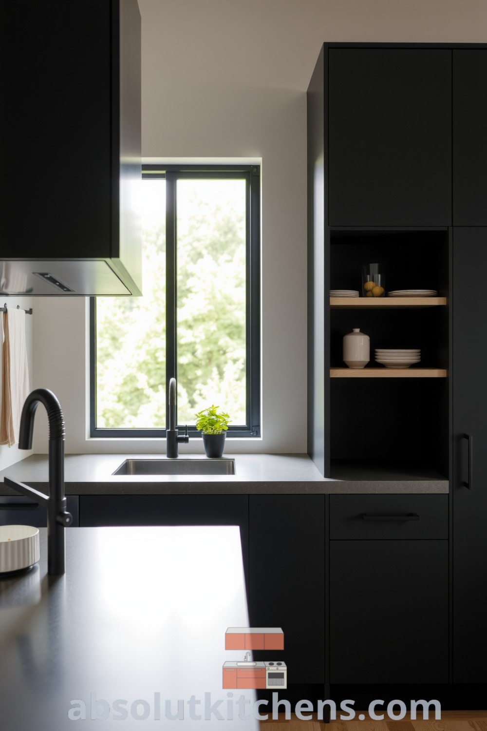 Modern black kitchen with matte cabinets, concrete countertop, and wooden shelves, featuring a small herb garden, creating a cozy atmosphere ideal for home chefs, filled with inspiration and unique design ideas for your home, showcased on fireplacesandwoodstoves.com.