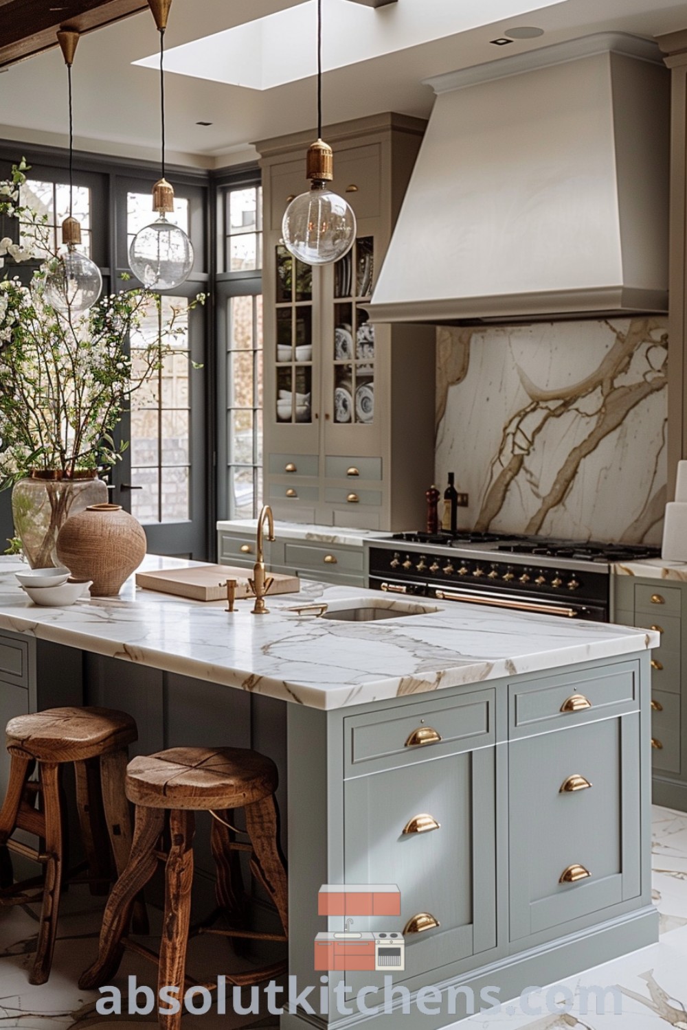 A beautiful kitchen with marble countertops, stools in front of an island featuring two vases, embodying French Country Modern style. This space offers inspiring kitchen ideas, elegant design trends, and decor ideas for small spaces. Discover more about luxury modern kitchen options at absolutkitchens.com.