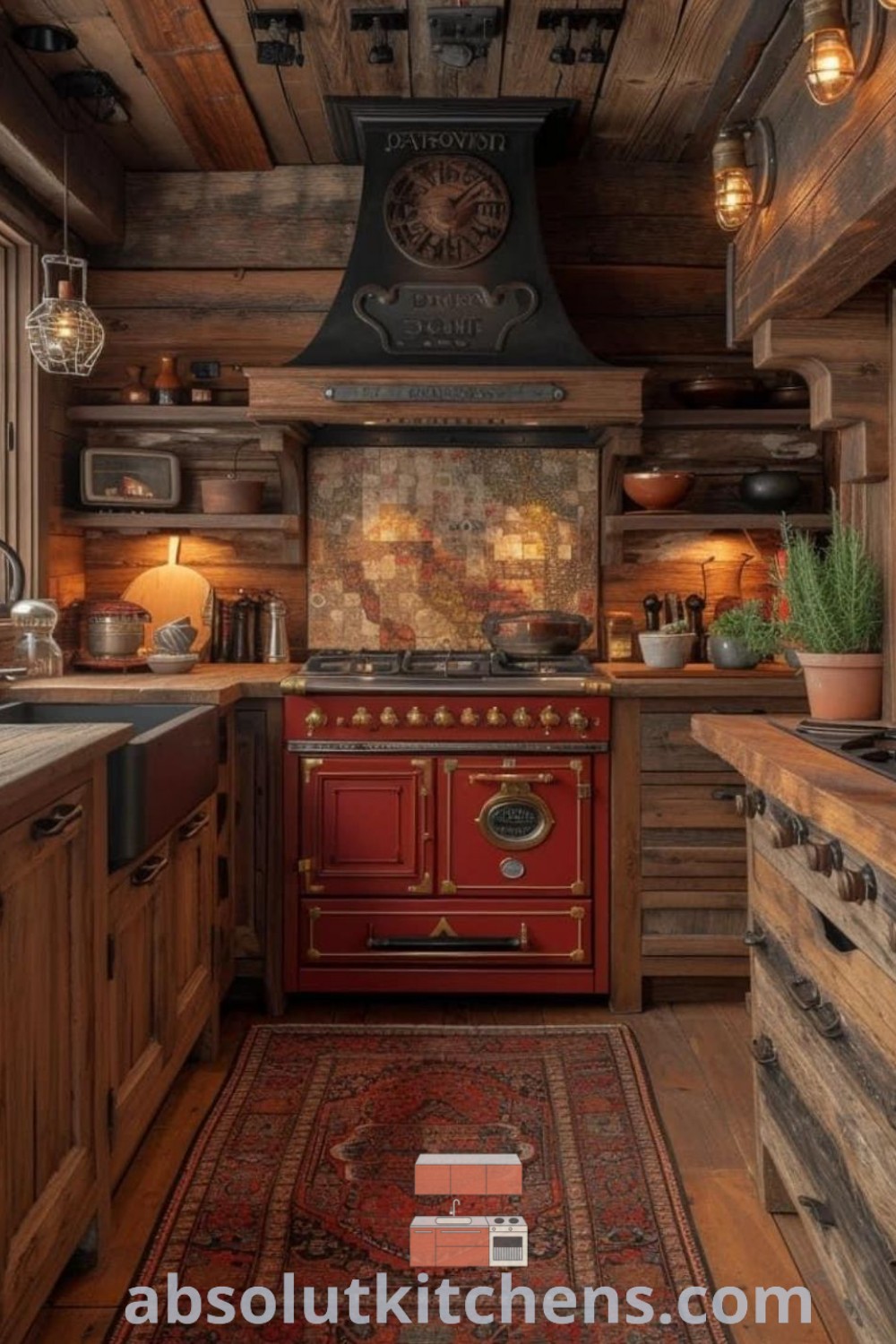 An old-fashioned kitchen featuring wooden walls and flooring, adorned in rustic wood tones, capturing the essence of log cabin kitchens and cozy aesthetics. Explore beautiful decor ideas at absolutkitchens.com for your mountain dream home or rustic farmhouse.