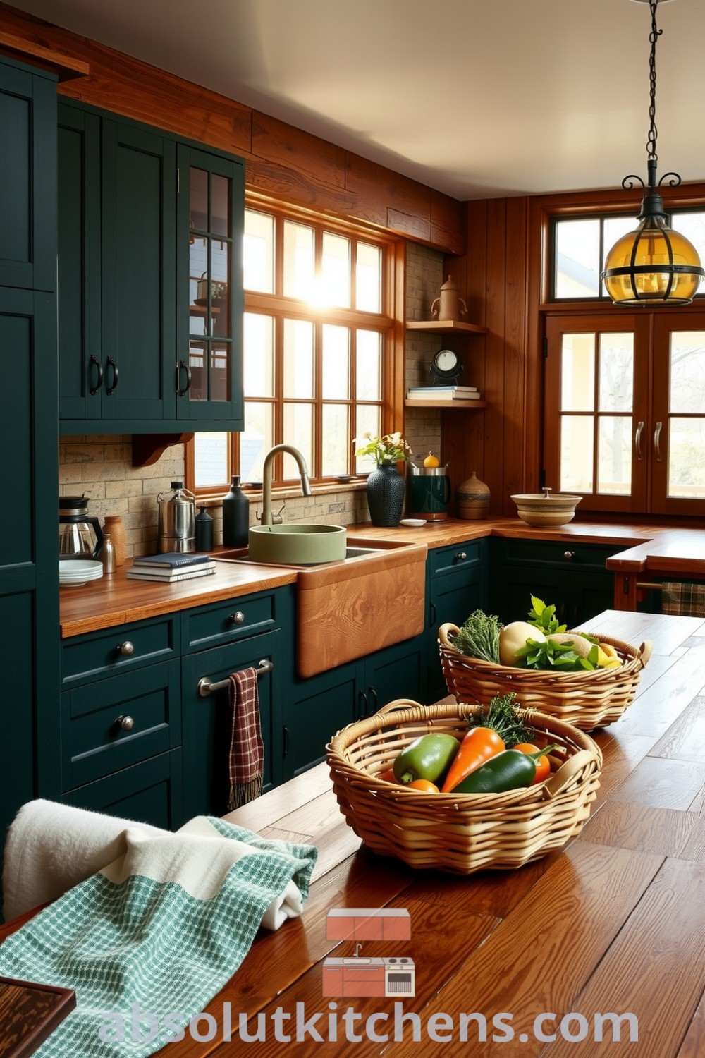 Cozy nature-inspired kitchen featuring warm earthy tones, deep green reclaimed wood cabinets, a rustic ceramic sink, and woven baskets with fresh produce, providing unique ideas and decor inspirations for a cozy home at absolutkitchens.com.