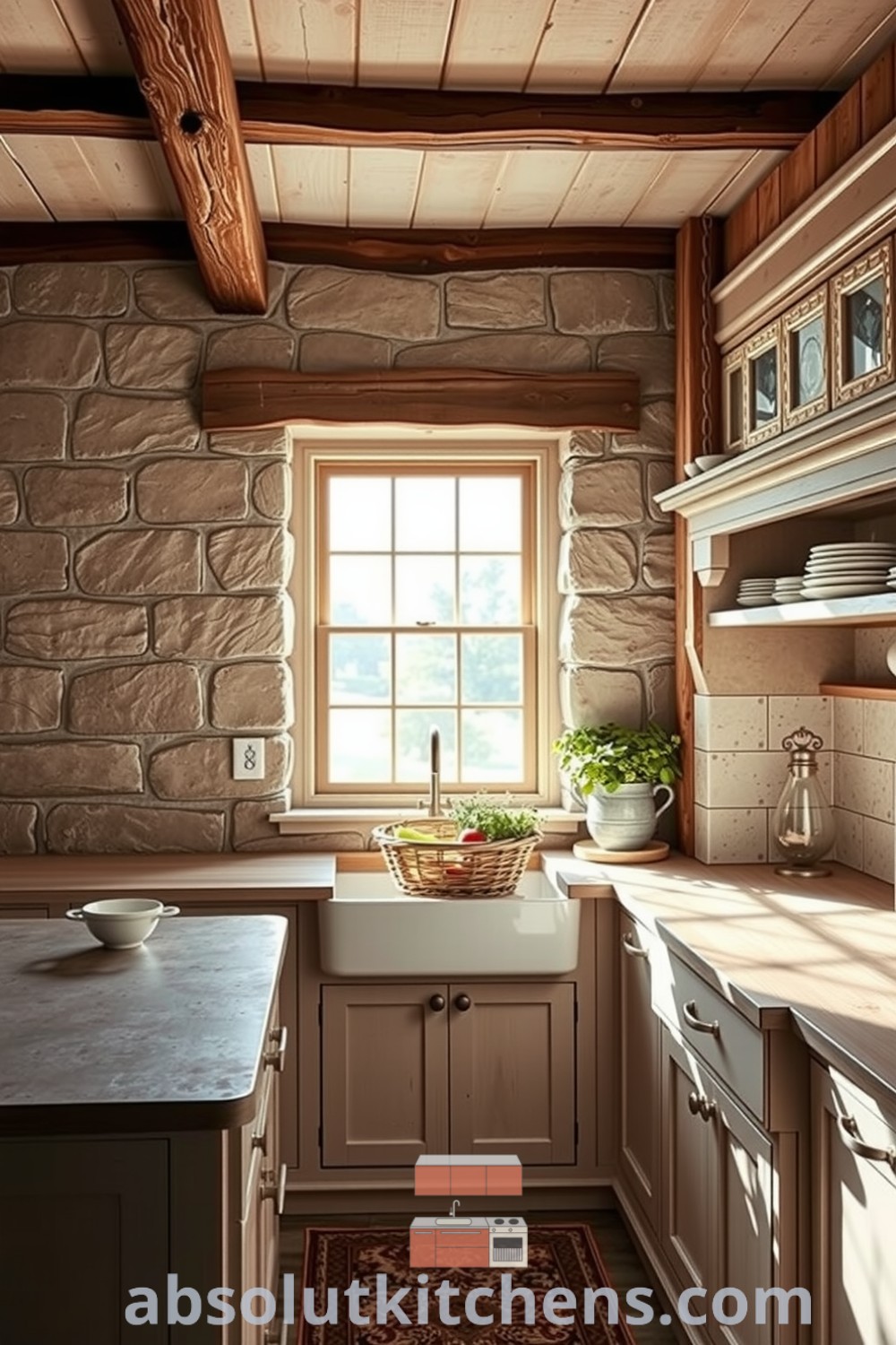 Grey rustic kitchen with wooden beams and stone accents, featuring weathered countertops and a large farmhouse sink, creating a warm and inviting atmosphere ideal for home cooking. For more cozy decor ideas, visit absolutkitchens.com.