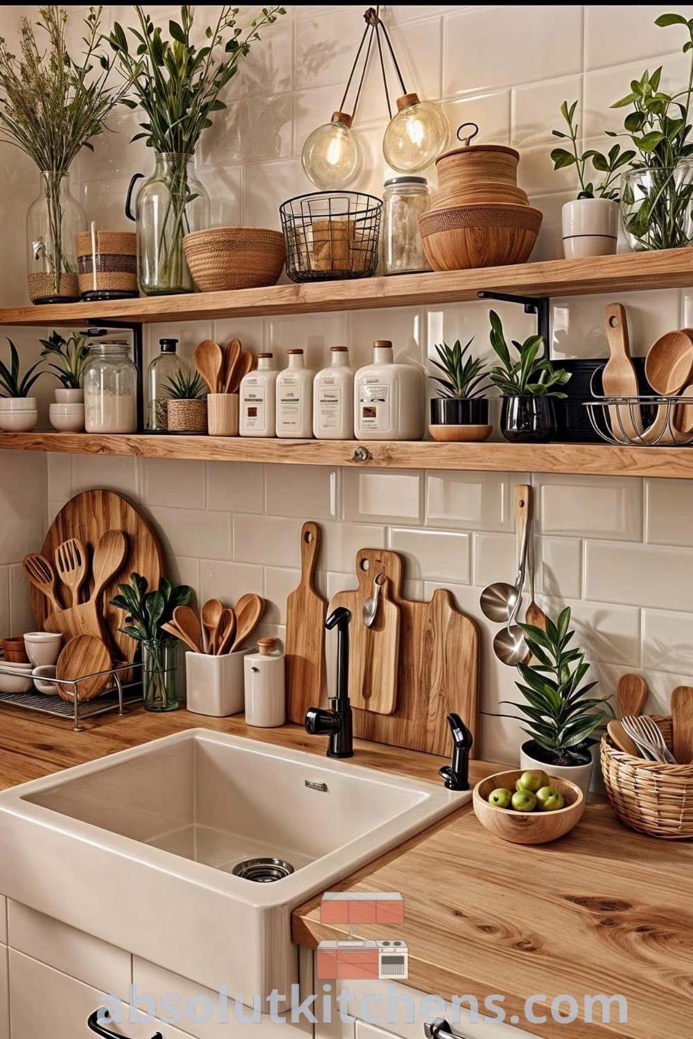 A cozy boho kitchen filled with wooden utensils and vibrant greenery on the shelves, reflecting a charming home decor aesthetic. This kitchen design includes inspiring elements from modern and country styles, perfect for unique decor ideas. Explore more at wellnesswink.com.