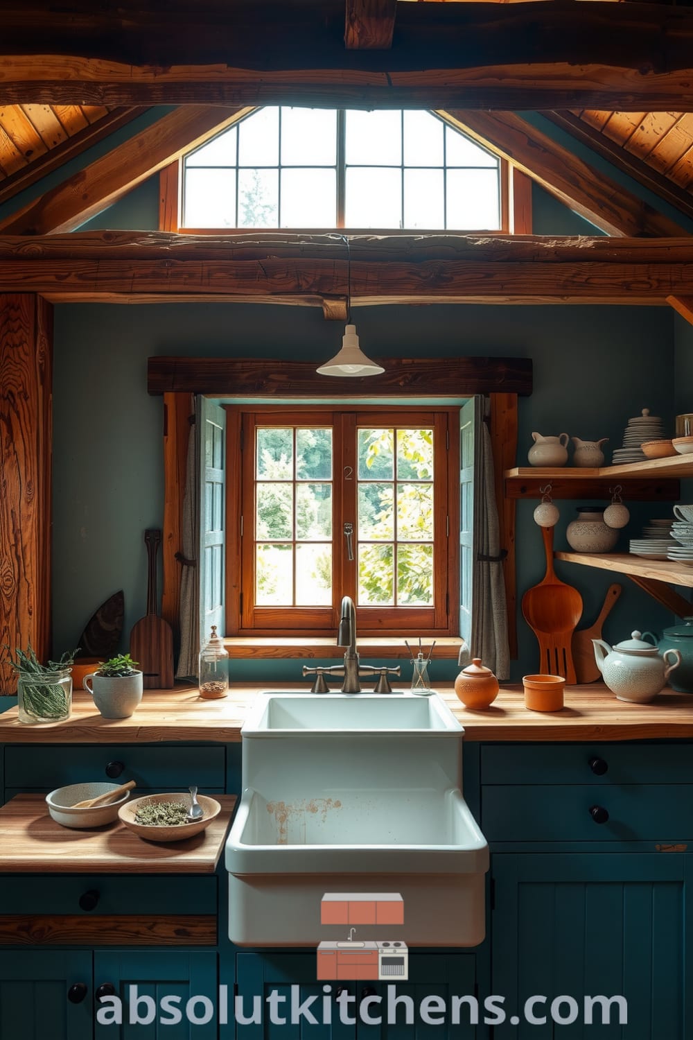 Cozy rustic kitchen with soft blue hues, weathered wooden beams, a farmhouse sink, and open shelves showcasing hand-thrown pottery, creating an inviting atmosphere for your home, inspiring unique decor ideas at fireplacesandwoodstoves.com.