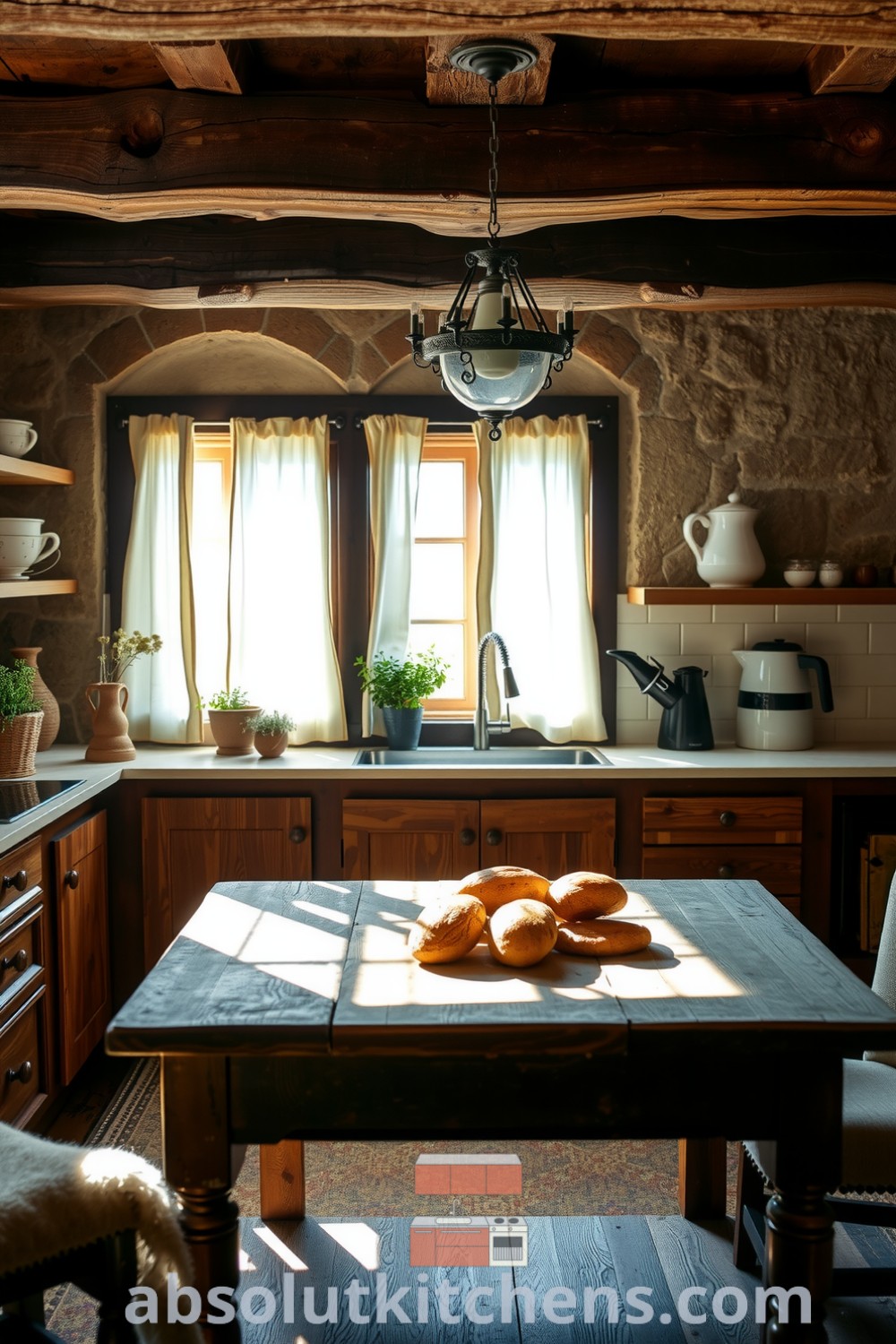 Cozy nature-inspired kitchen with sunlight filtering through linen curtains, stone countertops, handcrafted wooden cabinets, potted herbs, and a rustic dining table for a warm and inviting atmosphere. Visit absolutkitchens.com for more decor ideas.