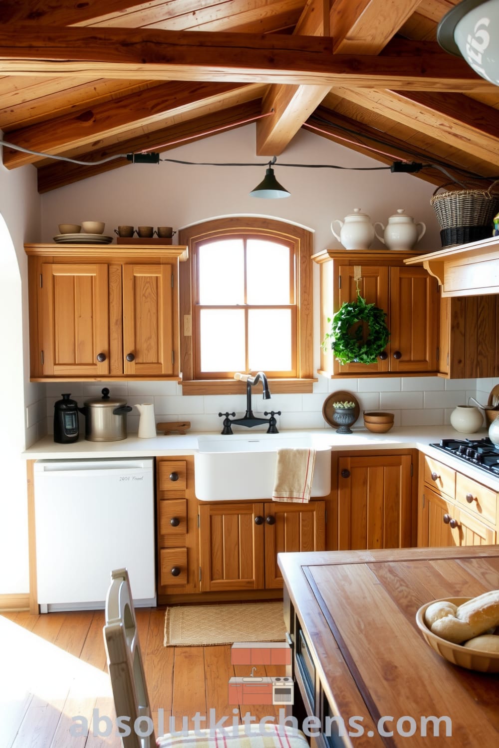 Rustic kitchen with white walls, natural wood beams, weathered oak cabinets, and a farmhouse sink filled with fresh vegetables, creating a cozy atmosphere perfect for family gatherings and showcasing decor ideas from fireplacesandwoodstoves.com.