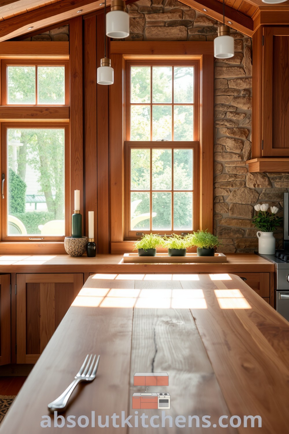 Cozy nature-inspired kitchen with sunlight streaming through large windows, rich wood-grained cabinets, a textured stone backsplash, and a handcrafted wooden table, featuring potted herbs on the windowsill, ideal for inspiring decor ideas for small spaces at absolutkitchens.com.