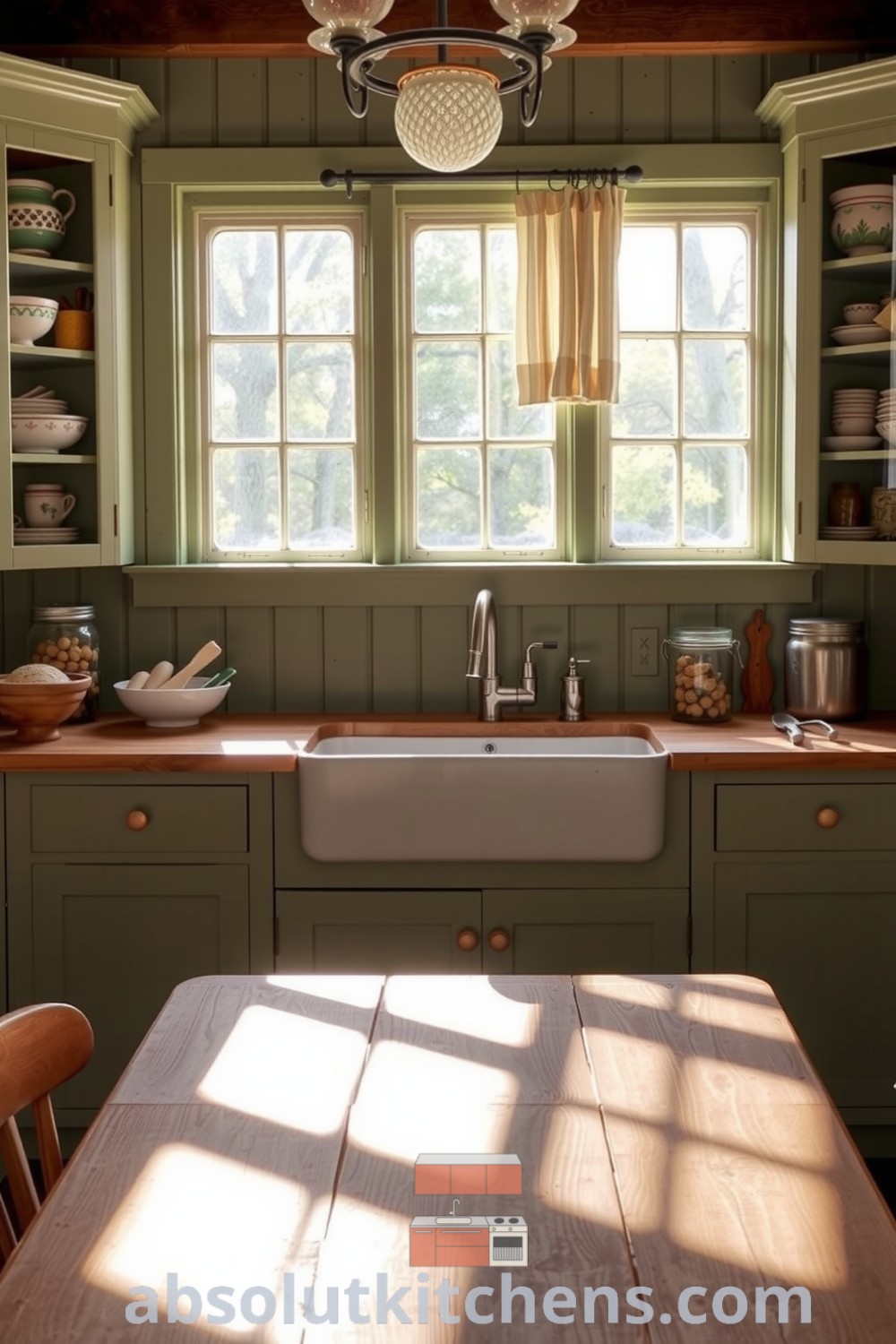 Cozy farmhouse kitchen featuring sage cabinetry, hand-thrown pottery, and mason jars filled with preserves, creating an inviting space filled with warmth and rustic elegance. Visit absolutkitchens.com for more cozy decor ideas and inspirations.