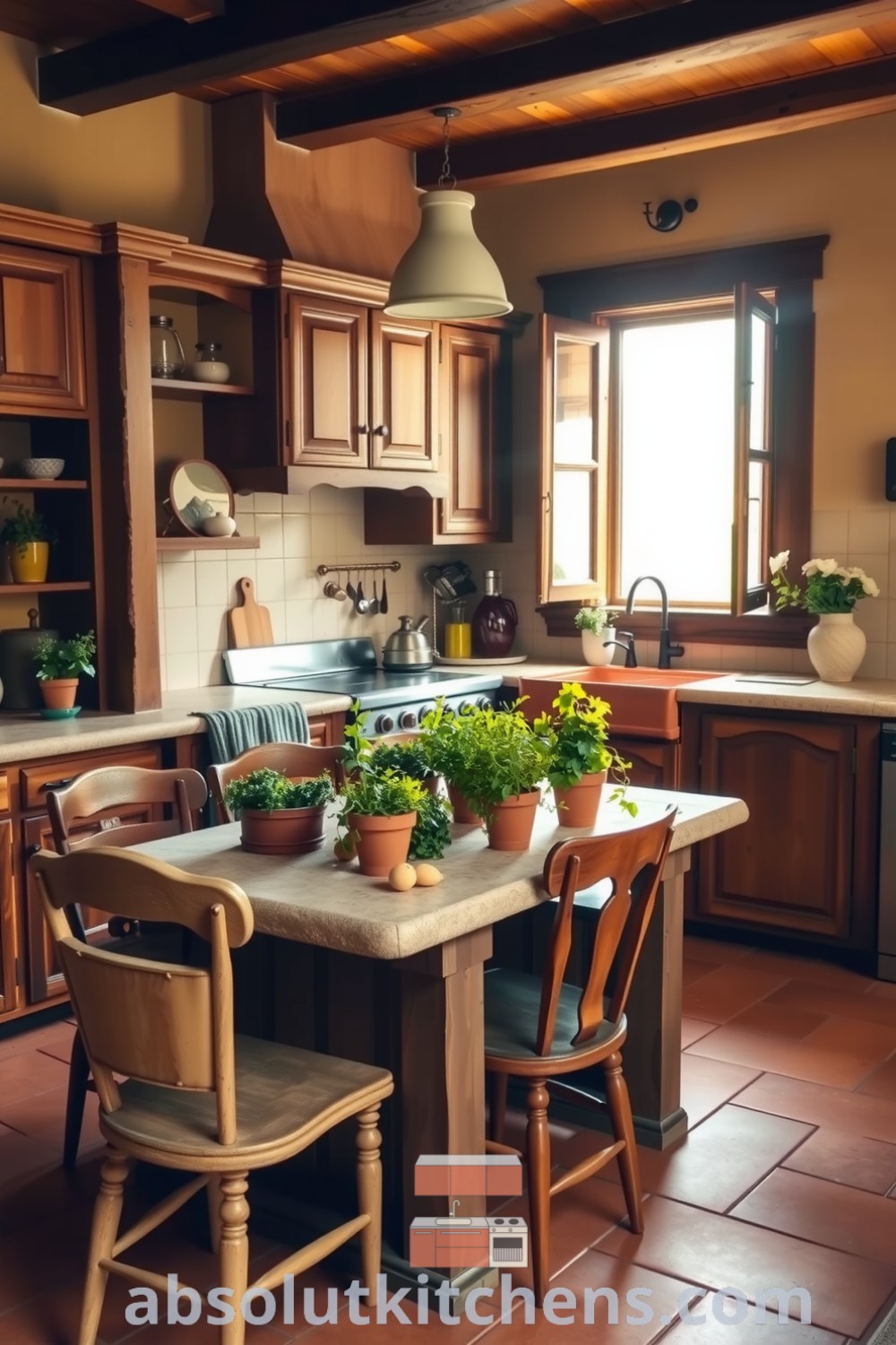 Cozy Mediterranean kitchen featuring warm brown tones, rustic wooden cabinetry, terracotta tiles, vibrant herbs in clay pots, and a traditional dining table with mismatched chairs, creating an inviting atmosphere perfect for family meals. Visit absolutkitchens.com for more cozy decor ideas and inspirations.