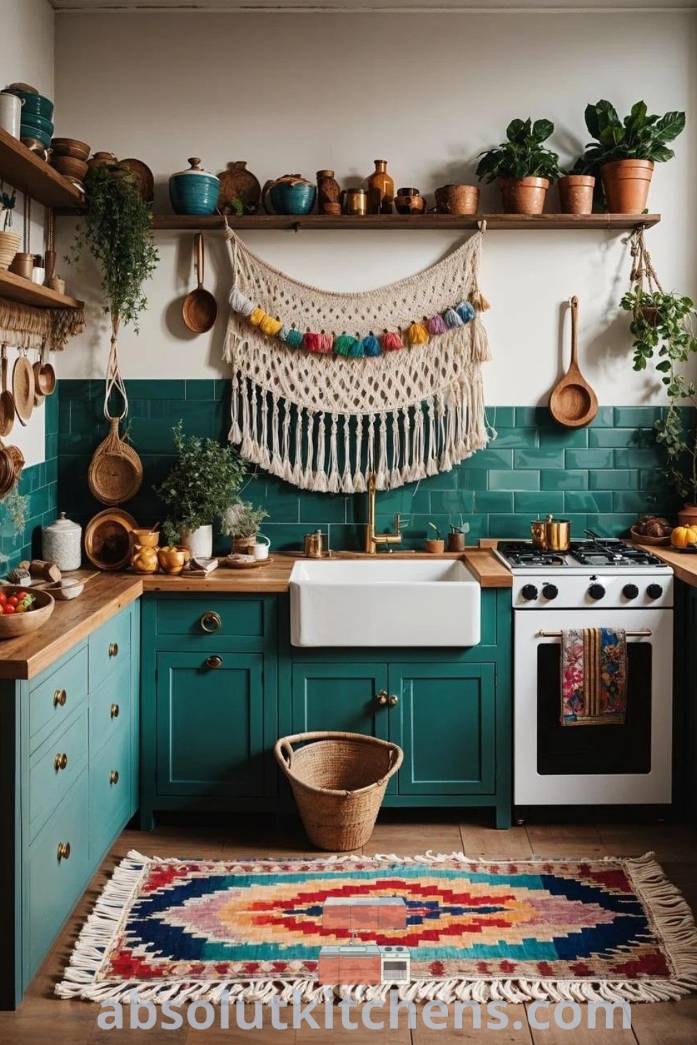 A Boho kitchen featuring vibrant green walls, colorful rugs, and potted plants hanging above the stove, showcasing budget kitchen cabinets and inspiring decor ideas available at absolutkitchens.com. This inviting space reflects the cozy aesthetic of coastal Boho kitchen designs.