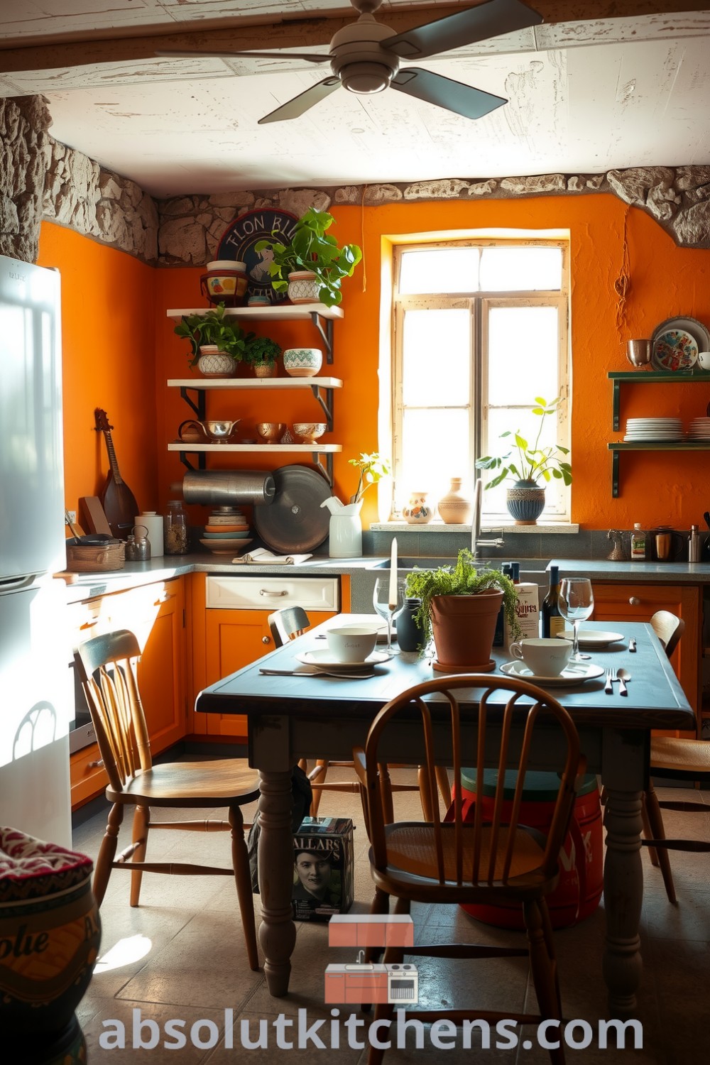 Cozy Boho kitchen with orange tones, textured walls, reclaimed wood shelves, eclectic ceramic bowls, and mismatched chairs, showcasing design ideas for a warm and inviting home. Visit absolutkitchens.com for more decor inspirations.