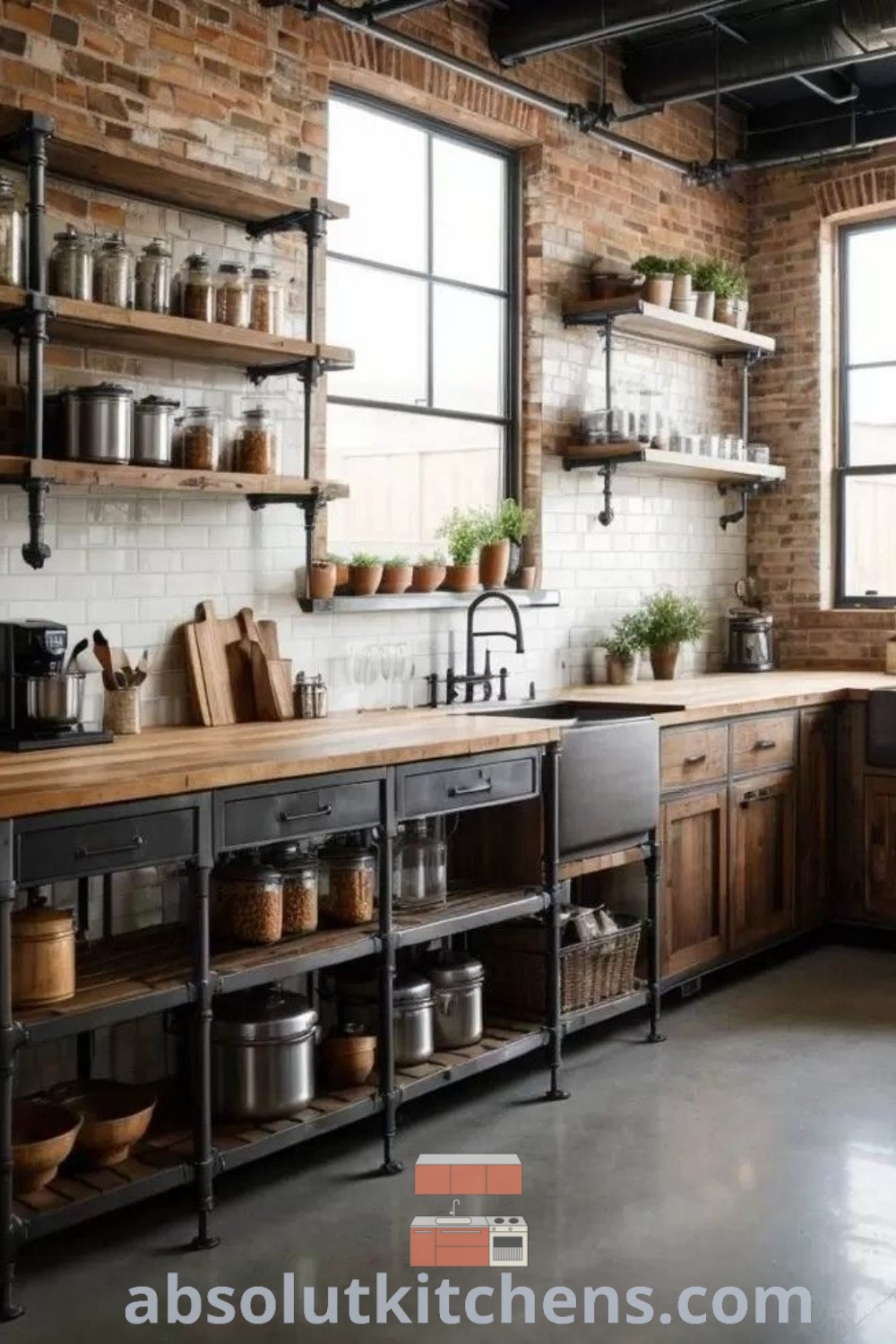 An industrial-style kitchen with open shelving, wooden counters, and brick walls, illustrating contemporary kitchen design ideas that inspire a cozy home aesthetic. Perfect for those looking for unique decor inspirations, this space integrates wellnesswink.com styling with function and form.