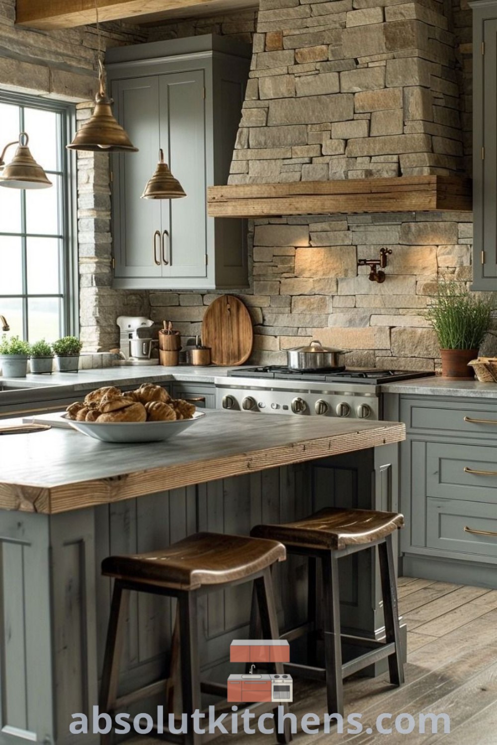 A rustic farmhouse kitchen showcasing a central island with two stools in front of a stove top oven. This design incorporates elements from modern rustic farmhouse kitchen ideas, offering inspiring decor ideas for small spaces. Discover more at absolutkitchens.com.