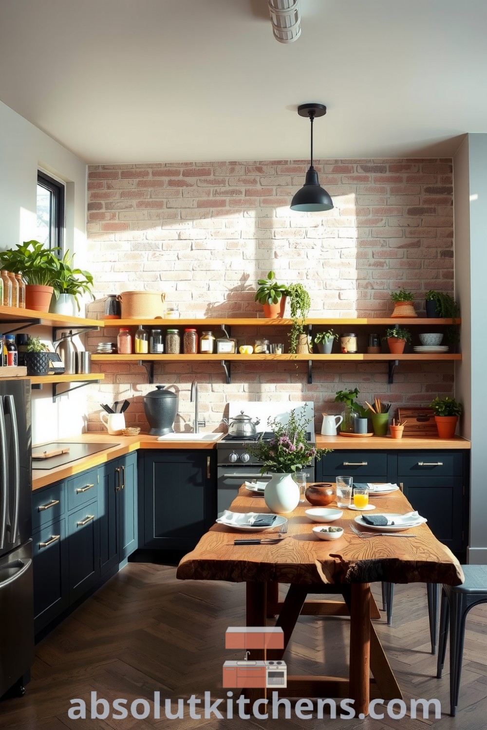 Loft kitchen with soft grey walls, industrial steel appliances, and reclaimed wooden shelves filled with spices and herbs, featuring a large brick wall and a cozy weathered oak table, promoting unique cozy ideas for your home, design ideas, and decor inspirations from fireplacesandwoodstoves.com.