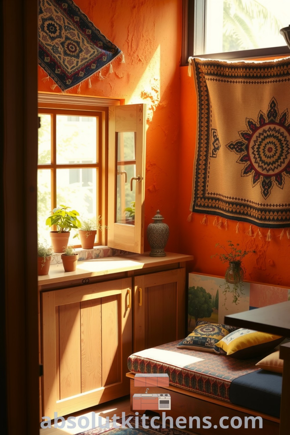 Cozy boho kitchen with warm orange tones, textured walls, natural wood cabinetry, terracotta pots of herbs on a windowsill, and comfortable cushions on a mismatched bench, creating an inviting atmosphere perfect for creativity and comfort. Visit absolutkitchens.com for more cozy design ideas.