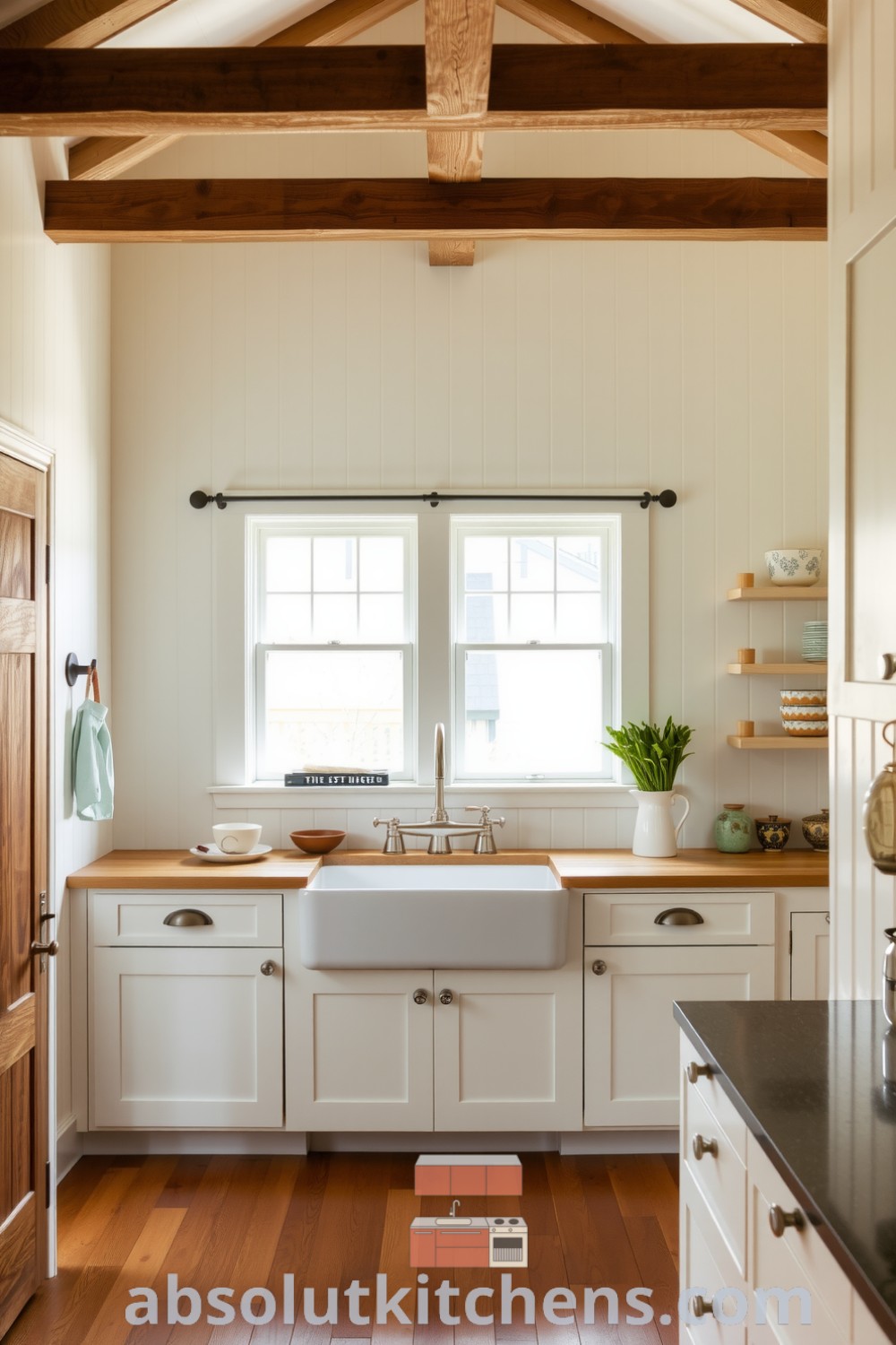 Cozy farmhouse kitchen with white shiplap walls, rustic wooden cabinetry, and butcher block countertops, featuring a large farmhouse sink, mismatched ceramic bowls, and warm lighting, perfect for creating an inviting atmosphere. Visit absolutkitchens.com for more design ideas and inspirations.