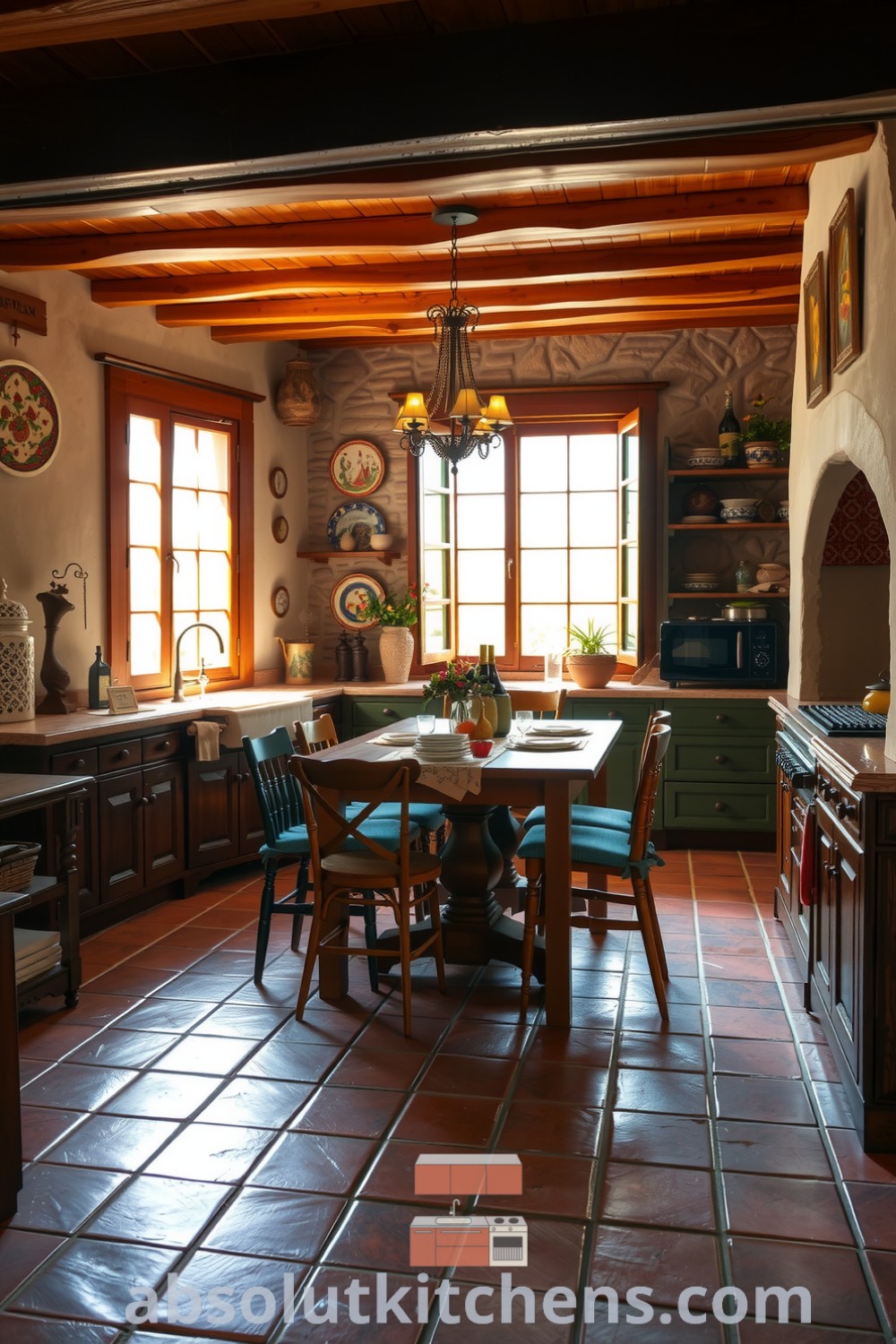 Cozy Mediterranean kitchen featuring rich brown wooden cabinetry, terracotta tiles, rustic stone walls, and hand-painted ceramics, creating a warm atmosphere ideal for family gatherings. For more design inspiration, visit absolutkitchens.com.